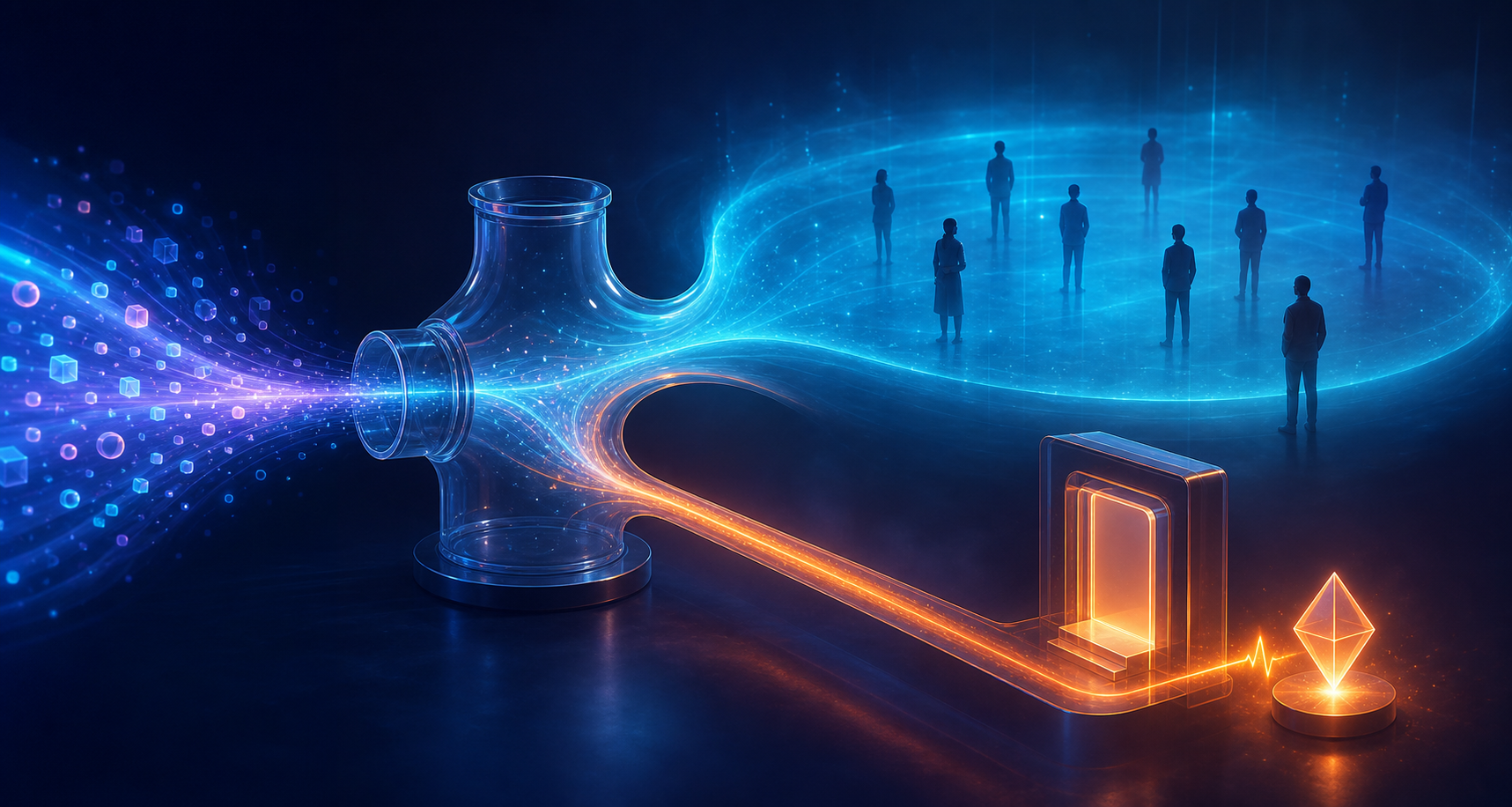 A glowing signal stream divides into a broad halo around people and a focused path leading to a doorway.