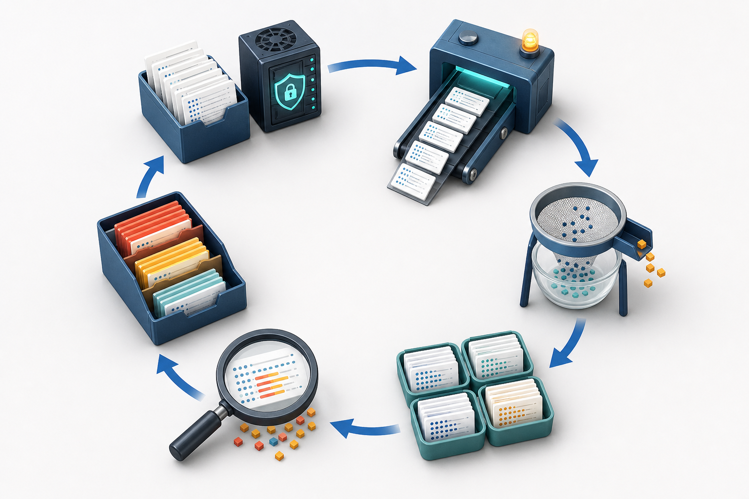 Server files move through filtering, grouping, inspection, and prioritization stages arranged in a circular workflow.