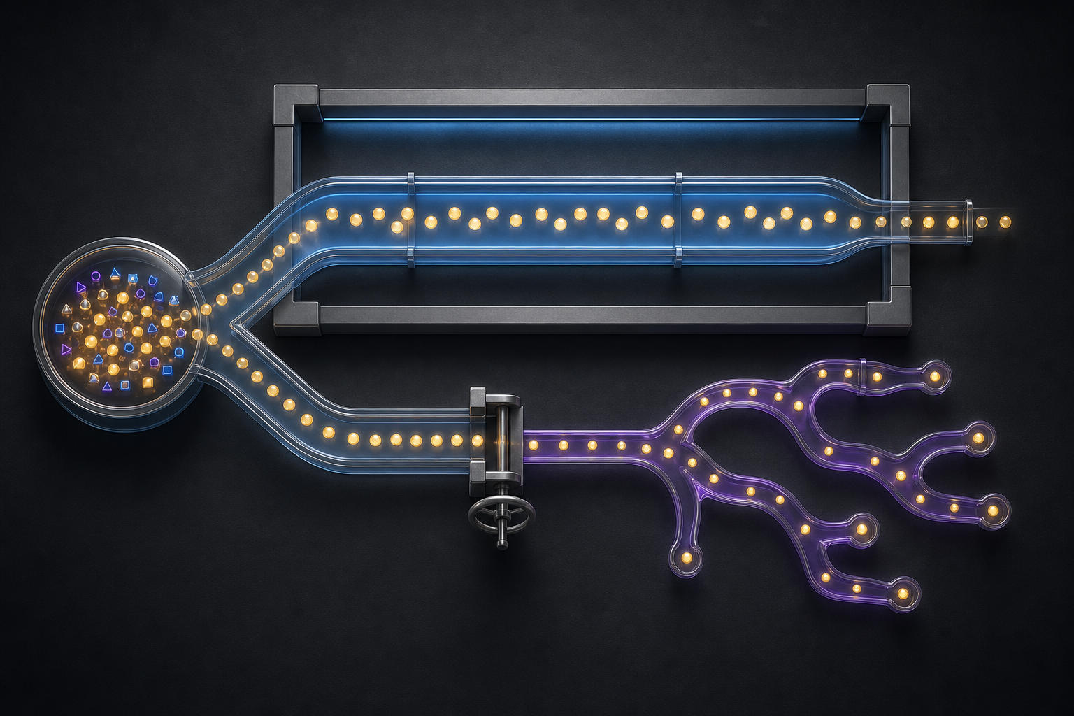 Parallel glass channels separate a protected control path from a smaller gated experimental path with branching routes.