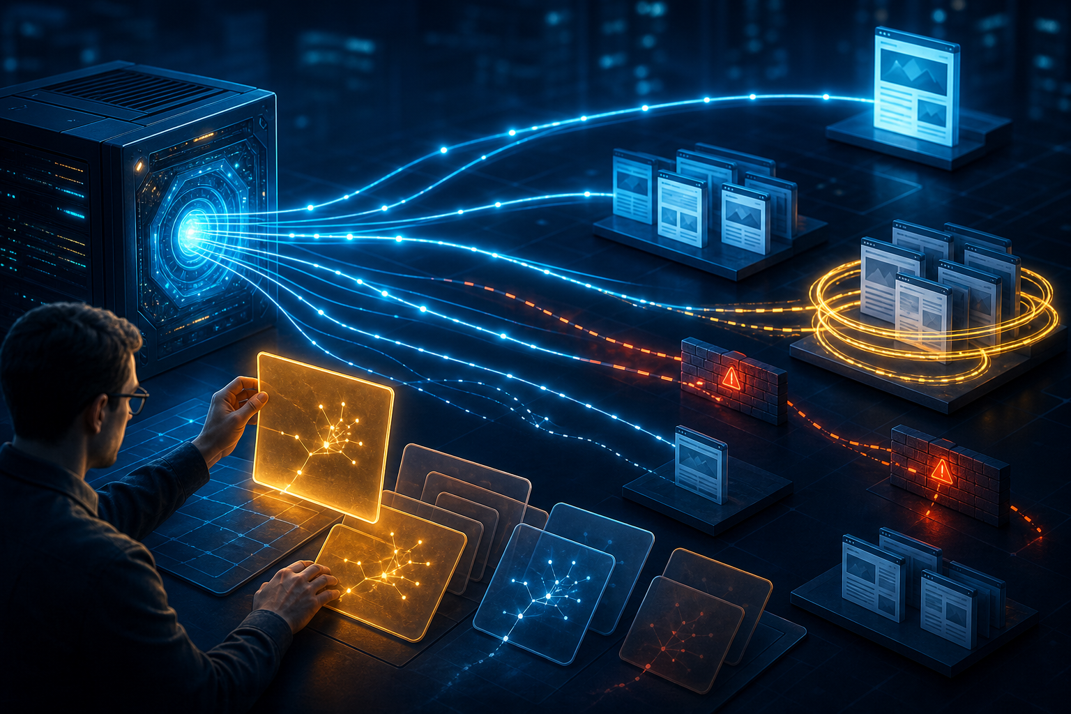 An analyst prioritizes website crawl issues while request paths show an overlooked page cluster, repeated loops, and broken routes.