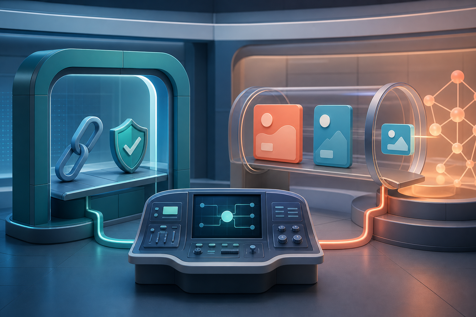 A digital advertising control room with a secure link-verification gateway on one side and a creative testing chamber on the other.