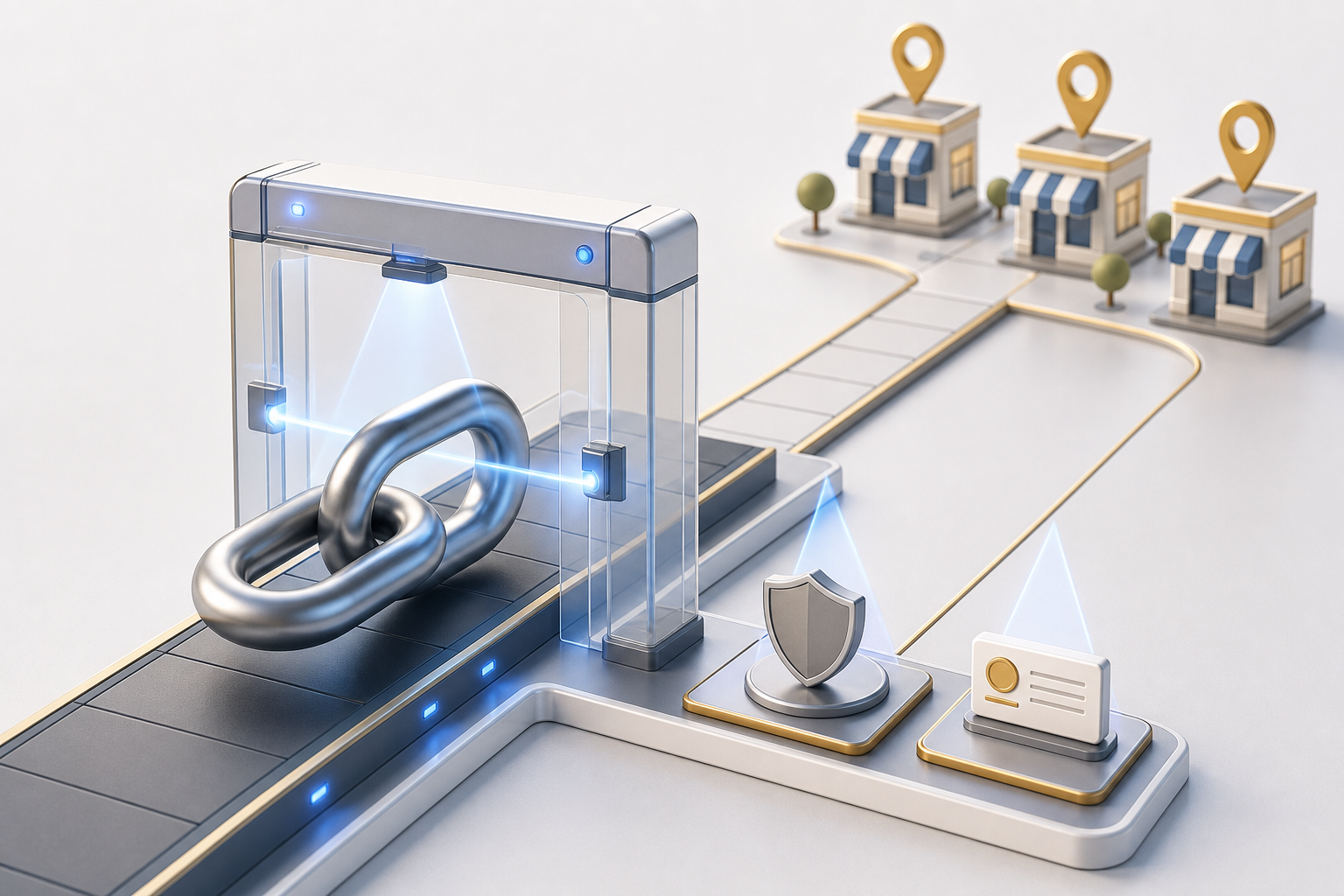 A metallic link symbol and verification shield passing through a security checkpoint toward generic local storefront icons.