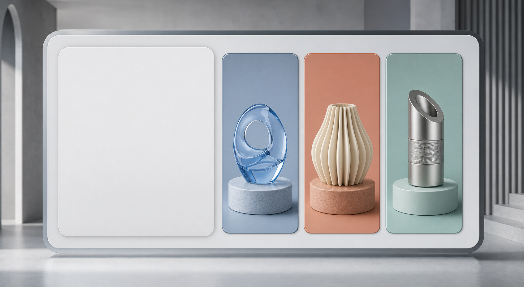 Three distinct generic product cards share one advertising space beside a blank conversational panel.