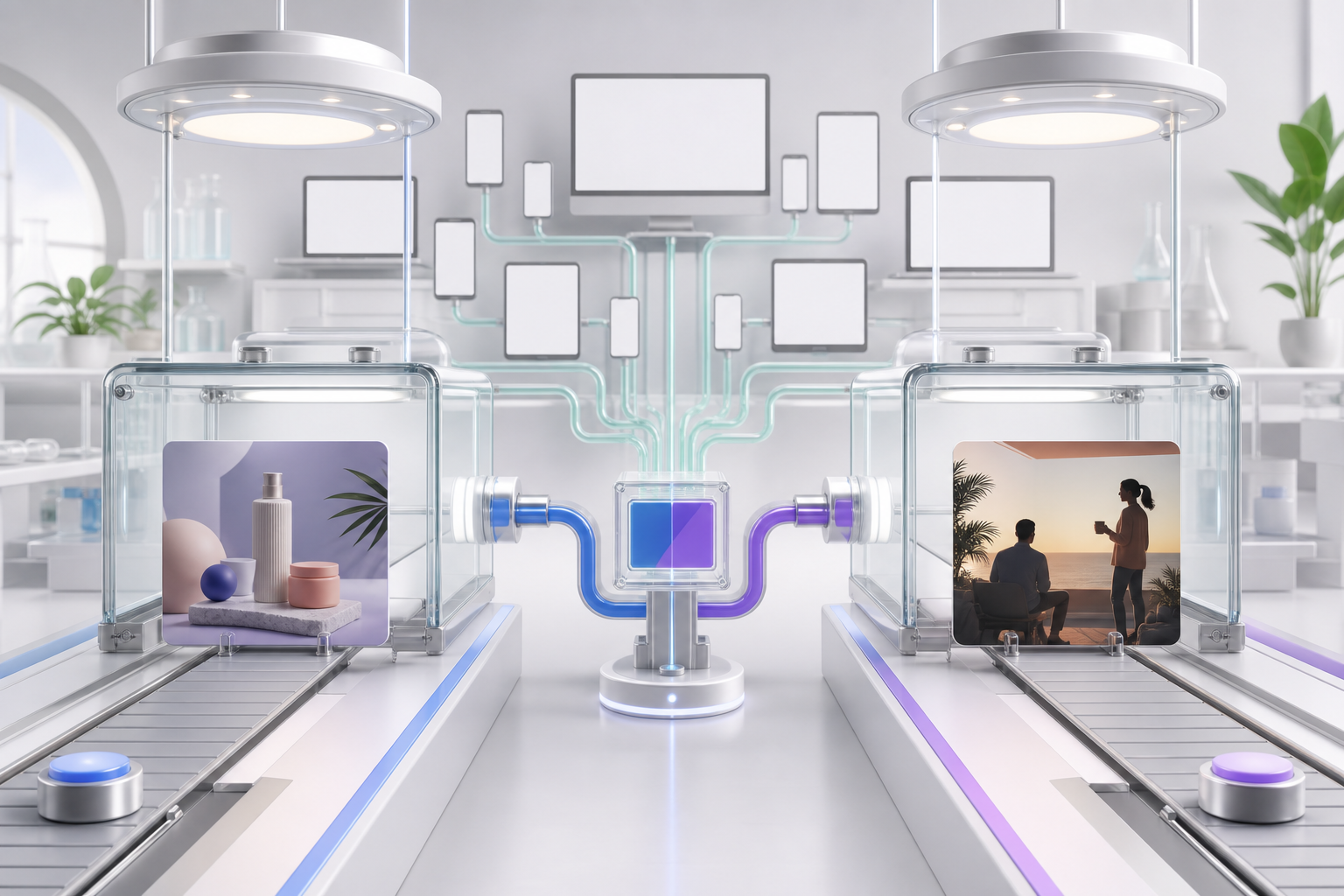 Two different generic ad creatives moving through matching glass test modules before reaching a network of blank device displays.