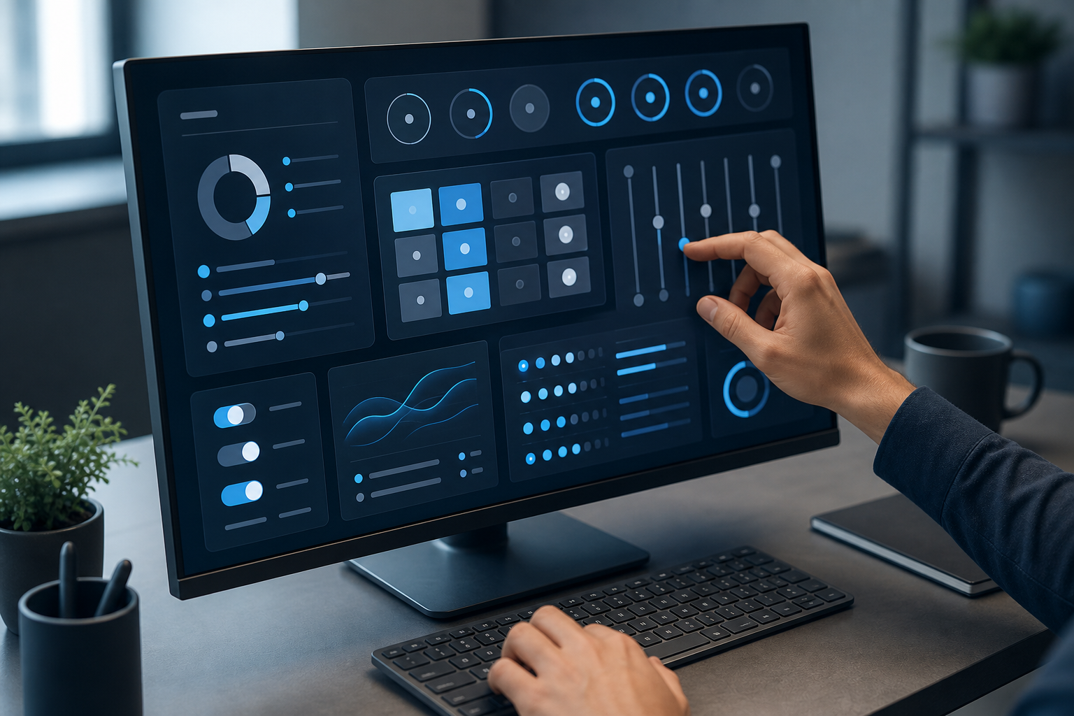 A person adjusts an unlabeled control on a modular digital advertising campaign interface.