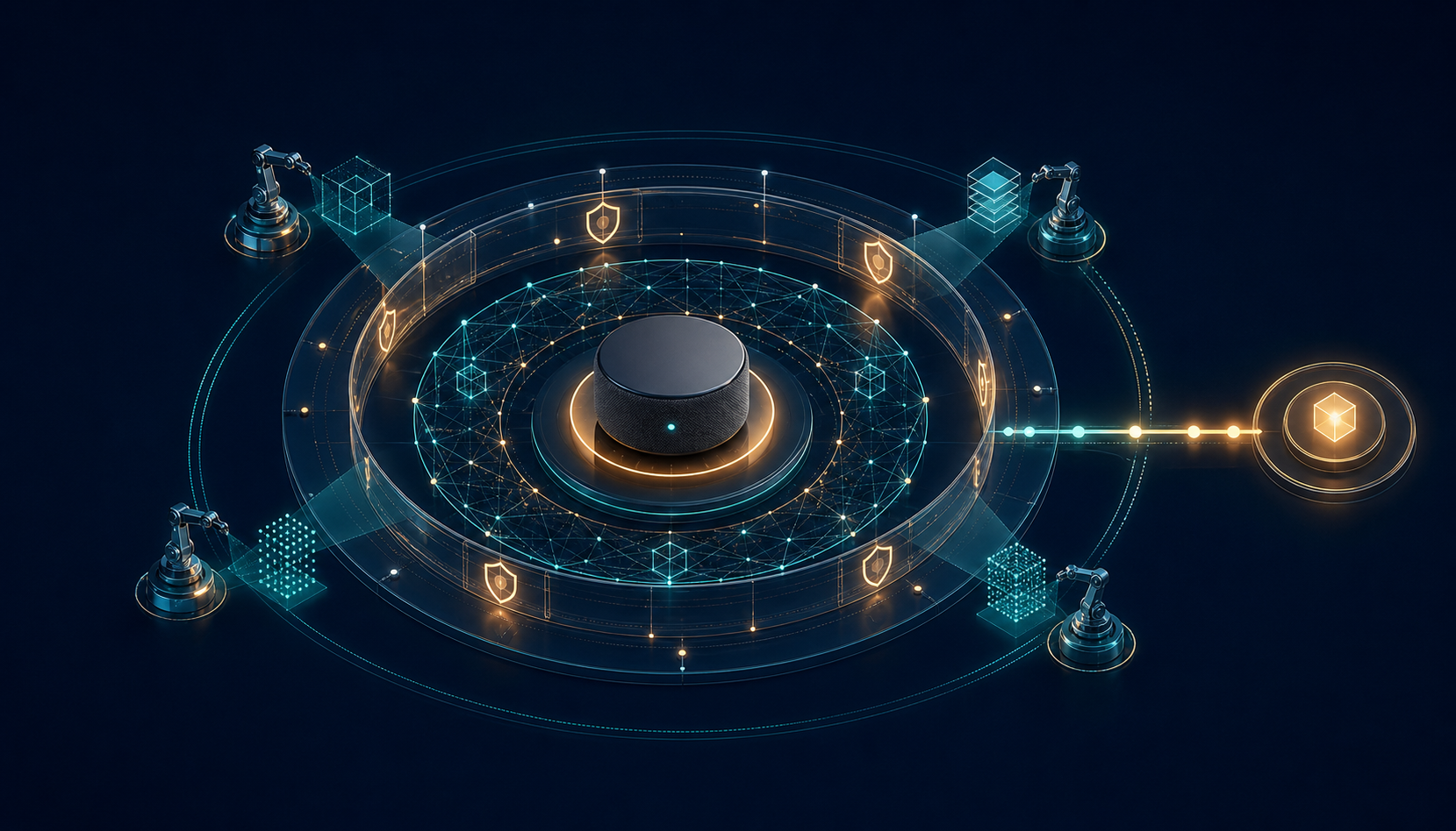 An unbranded product surrounded by layered data, identity, verification, and purchase-path signals in an abstract AI commerce system.