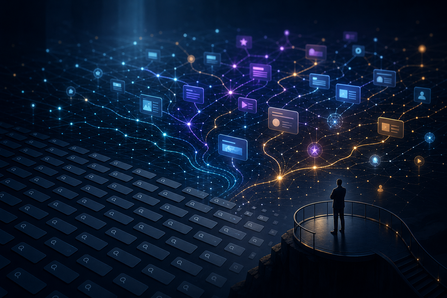 An analyst overlooks a field of uniform search tokens transforming into a branching network of answer and recommendation signals.