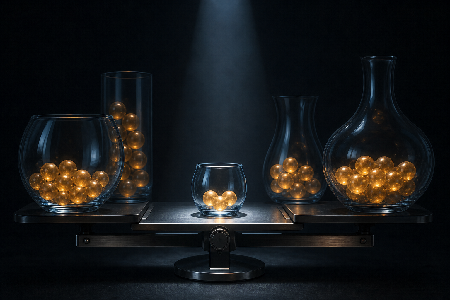 Unequal glass vessels containing glowing spheres sit on a balance while only one small vessel is fully illuminated.