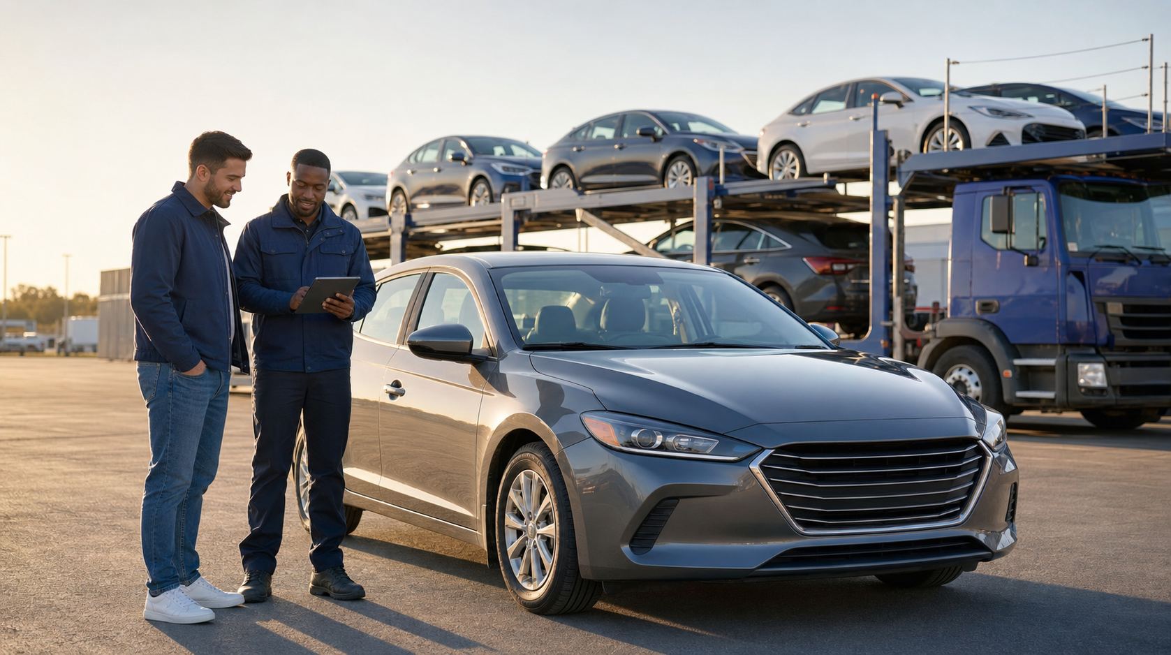 A customer and transport coordinator inspect a sedan beside a multi-car carrier before shipment.