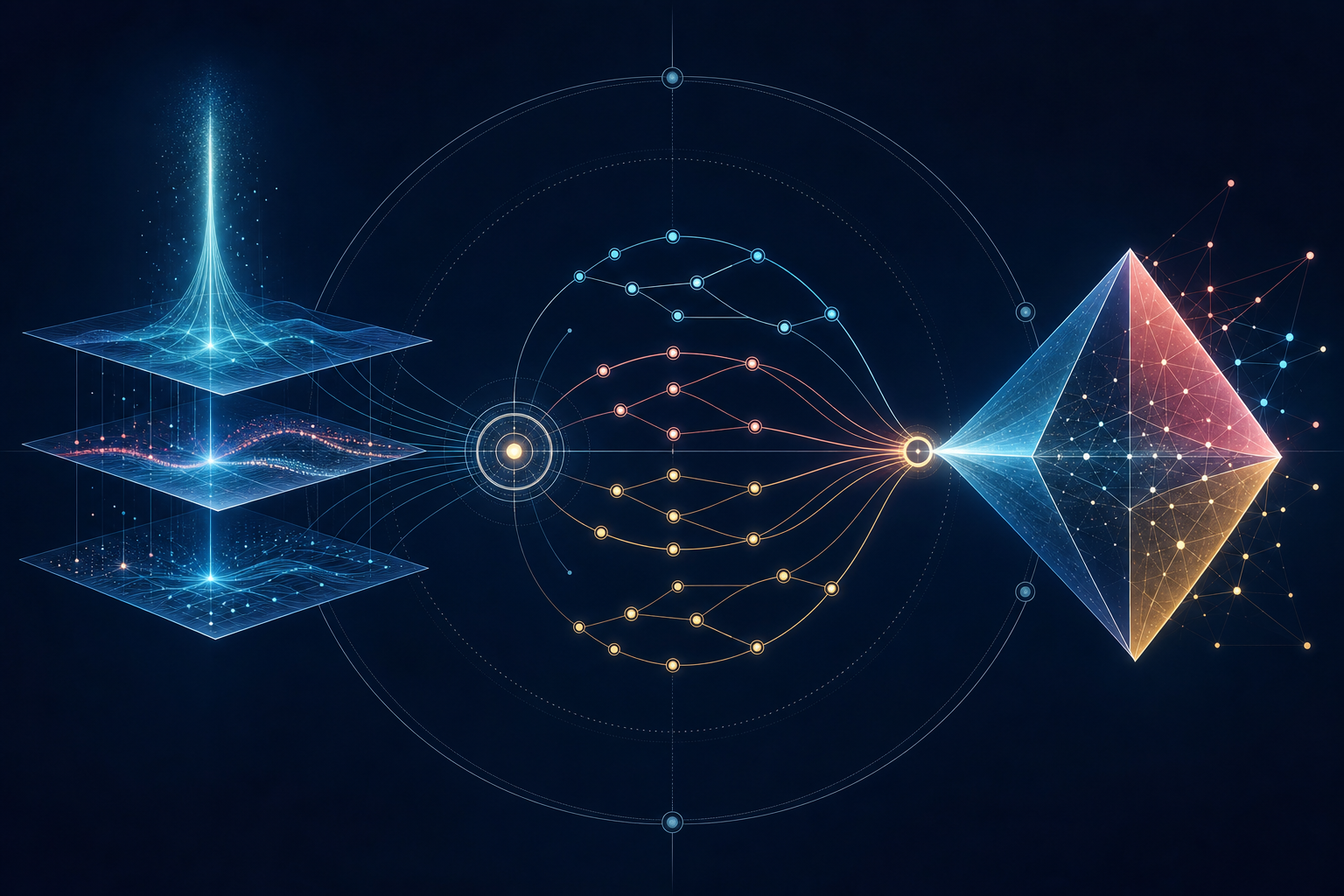 Three connected visual layers show a signal across answer surfaces, recommendation paths converging on an option, and a prism revealing multiple facets.