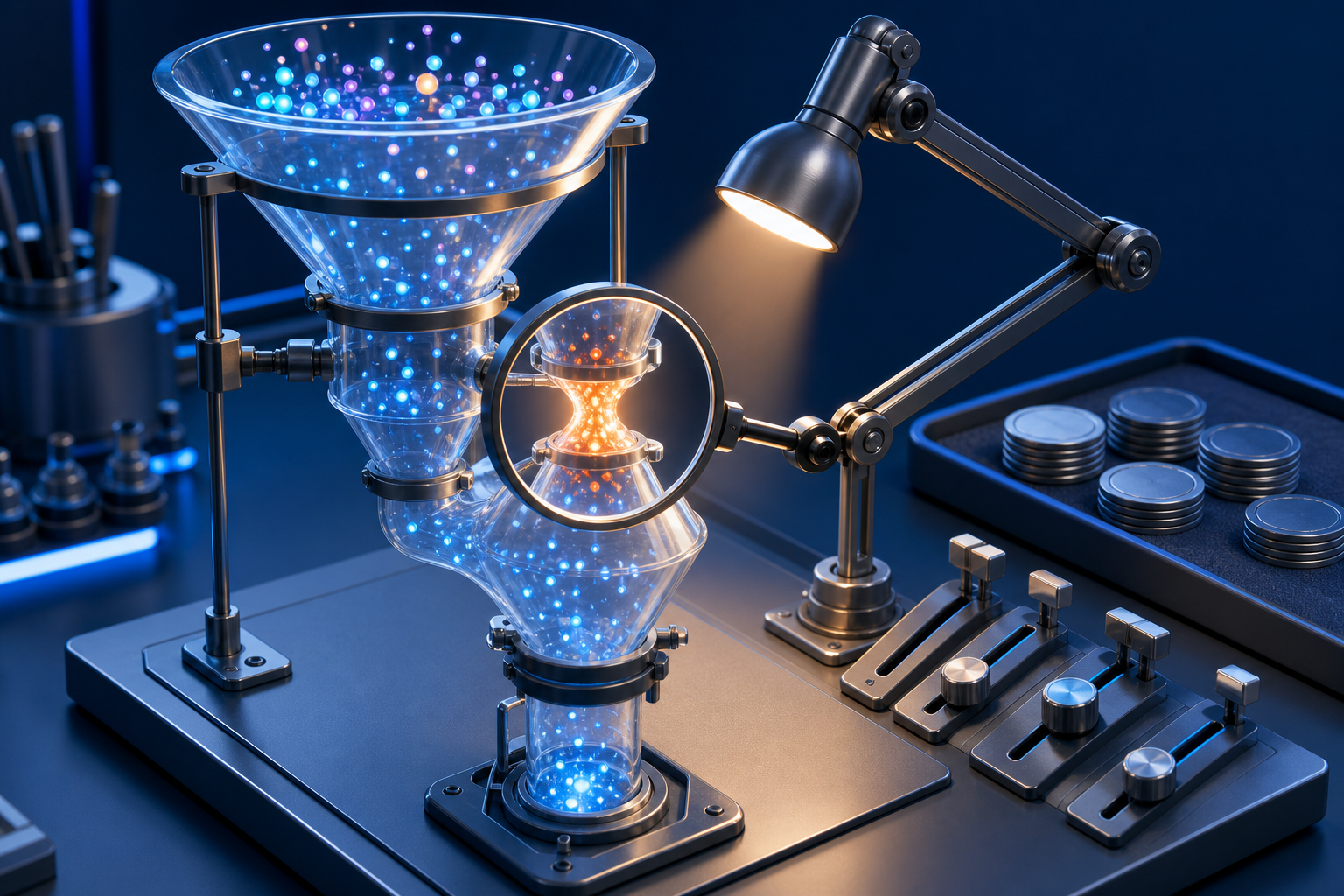 A magnifying lens and inspection light reveal a constricted middle stage in a translucent funnel-shaped machine.