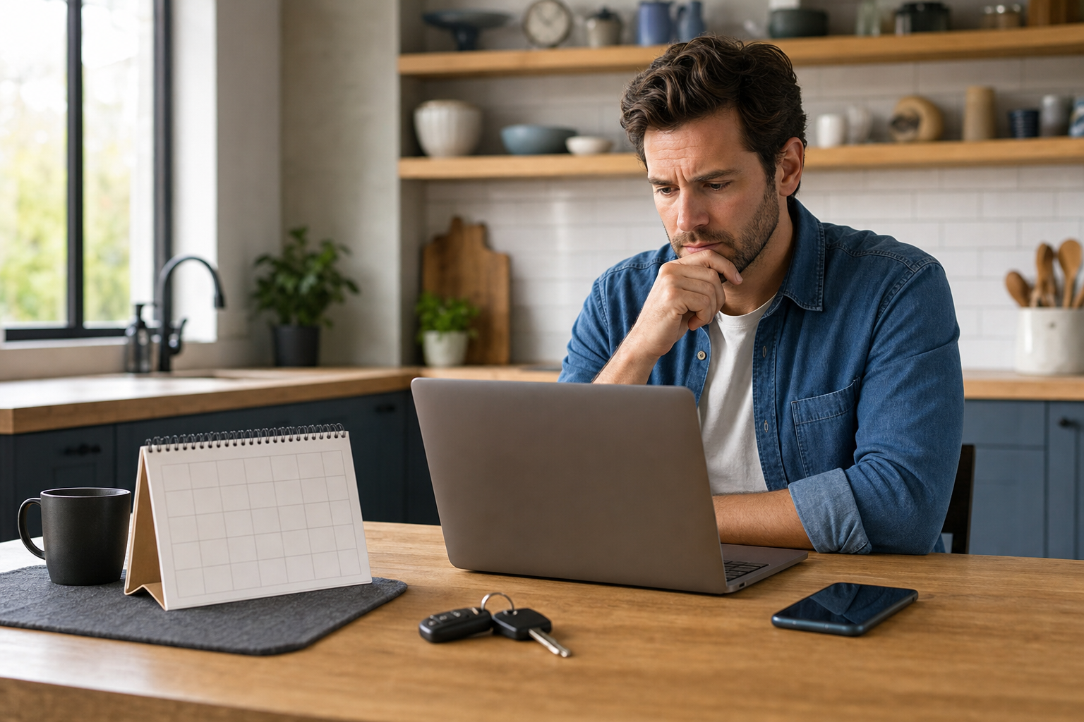 A prospective vehicle shipping customer reviews an online quote beside car keys, a phone, and a blank calendar.