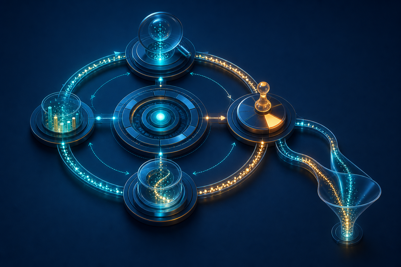 Glowing particles circulate through an interconnected control loop and funnel, with feedback streams returning to the center.