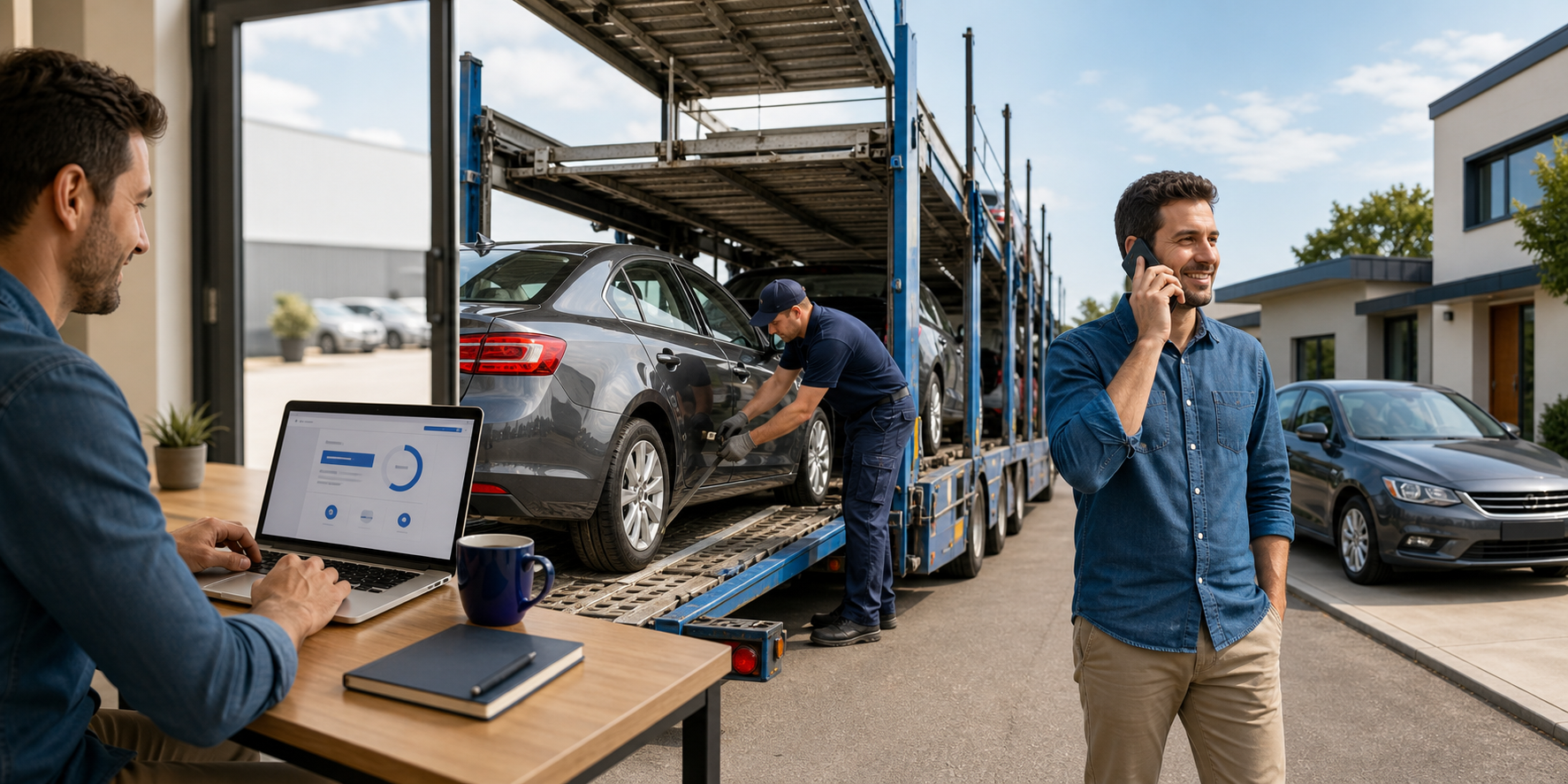 A customer books vehicle shipping, watches a sedan being secured to a carrier, and receives a phone update at delivery.