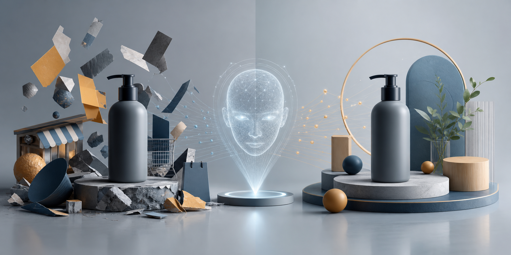 Two identical products shown with fragmented brand signals on one side and a coherent, connected identity on the other.