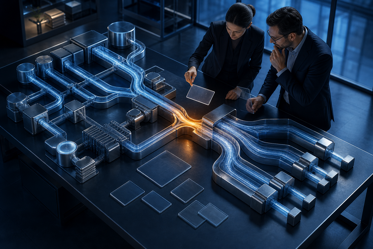Two strategists examine an interconnected business system with one illuminated bottleneck restricting the flow.