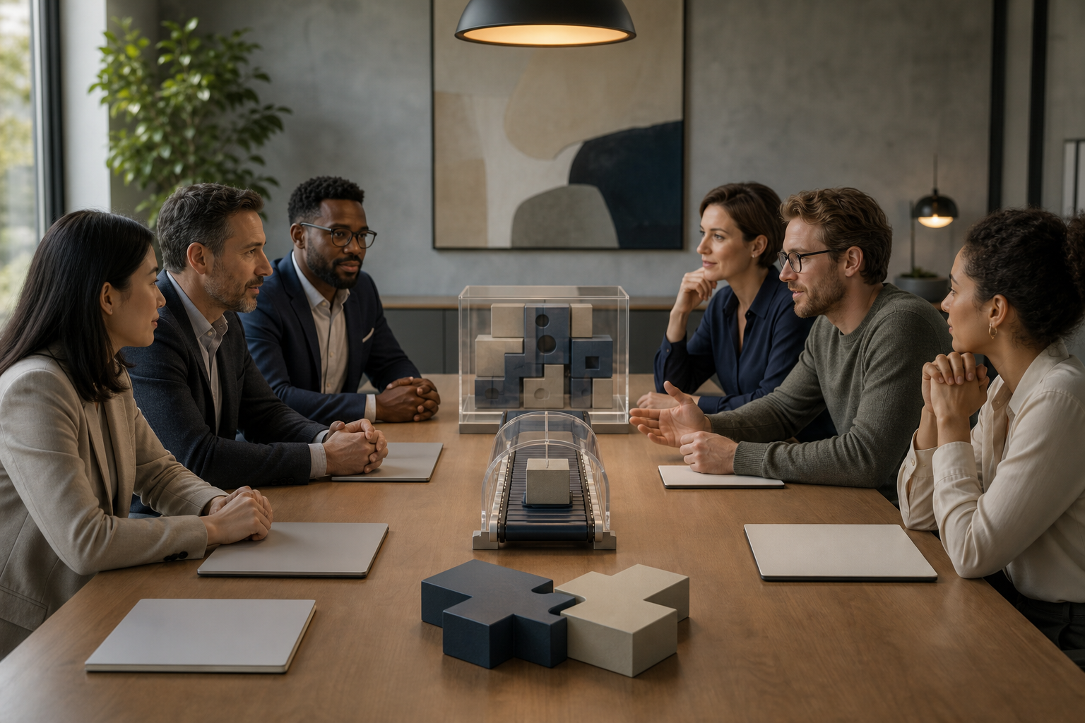 Buyer and agency teams review a completed model, a delivery prototype and interlocking pieces during a due diligence meeting.