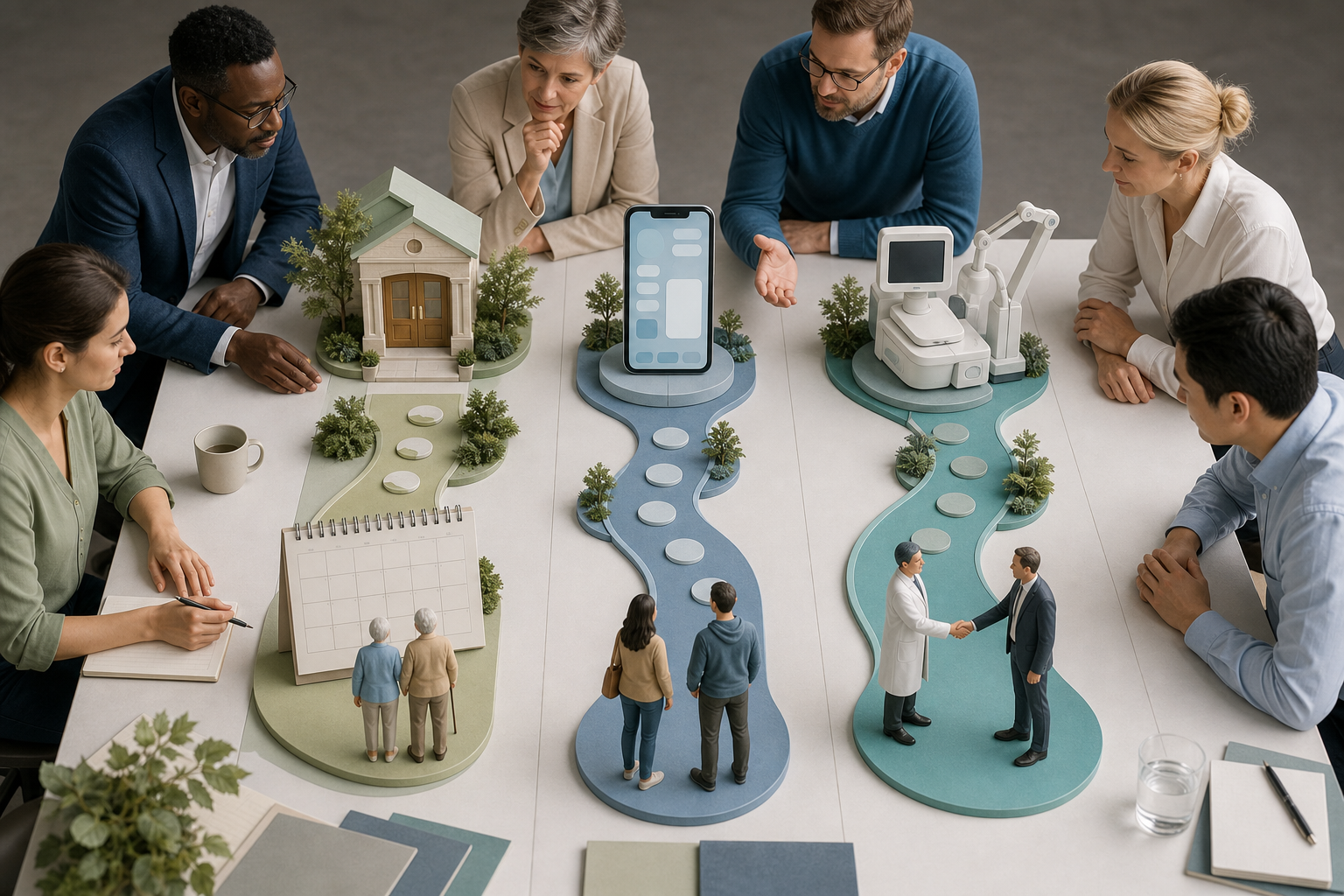 A strategy team reviews three object-based customer journeys leading to a healthcare appointment, a senior living visit, and a business handshake.