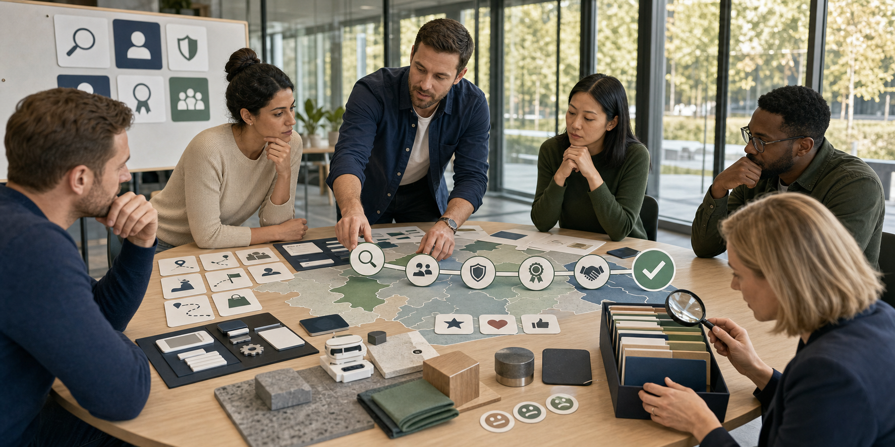 A client team tests SEO consultants around a table containing technical components, map contours, product samples, and unlabeled evidence folders.