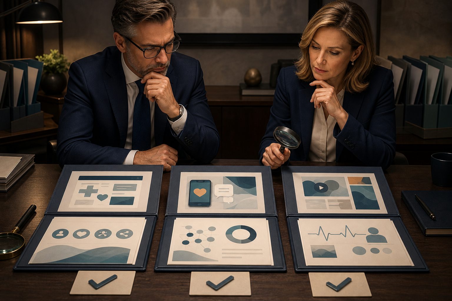 Two healthcare executives examine three shortlisted agency evidence folders with a magnifying glass and blank comparison cards.