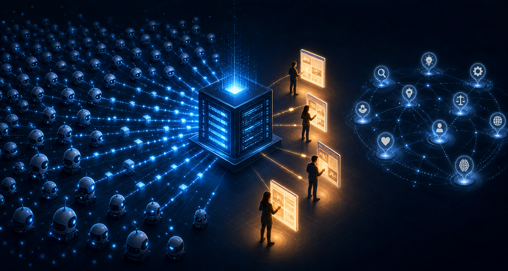 A central web server receives many signals from automated agents while a smaller number of people engage with content and a separate network suggests indirect influence.
