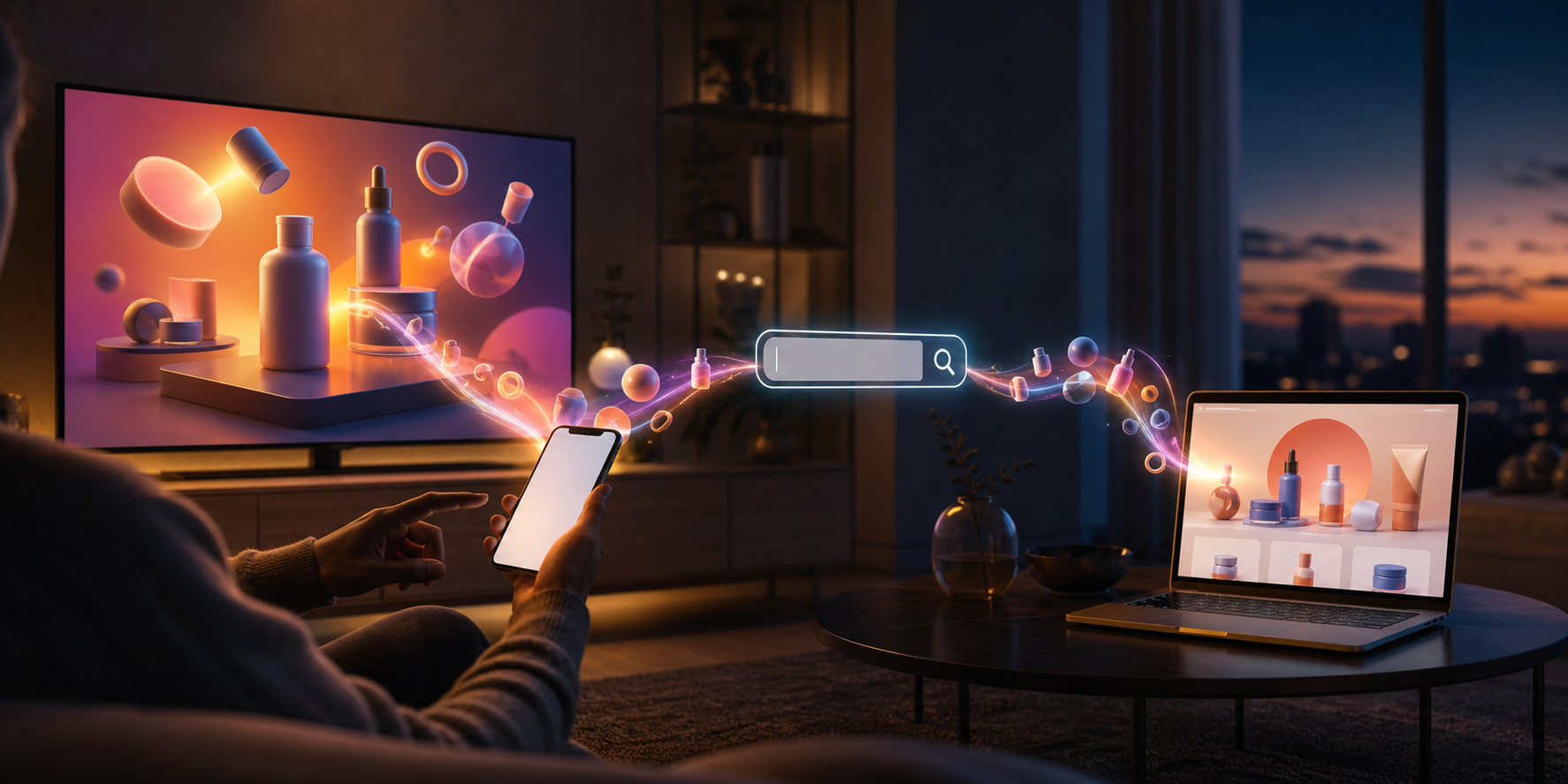 A viewer uses a smartphone beside a television as glowing visual motifs connect the TV to a generic search field and a laptop product page.
