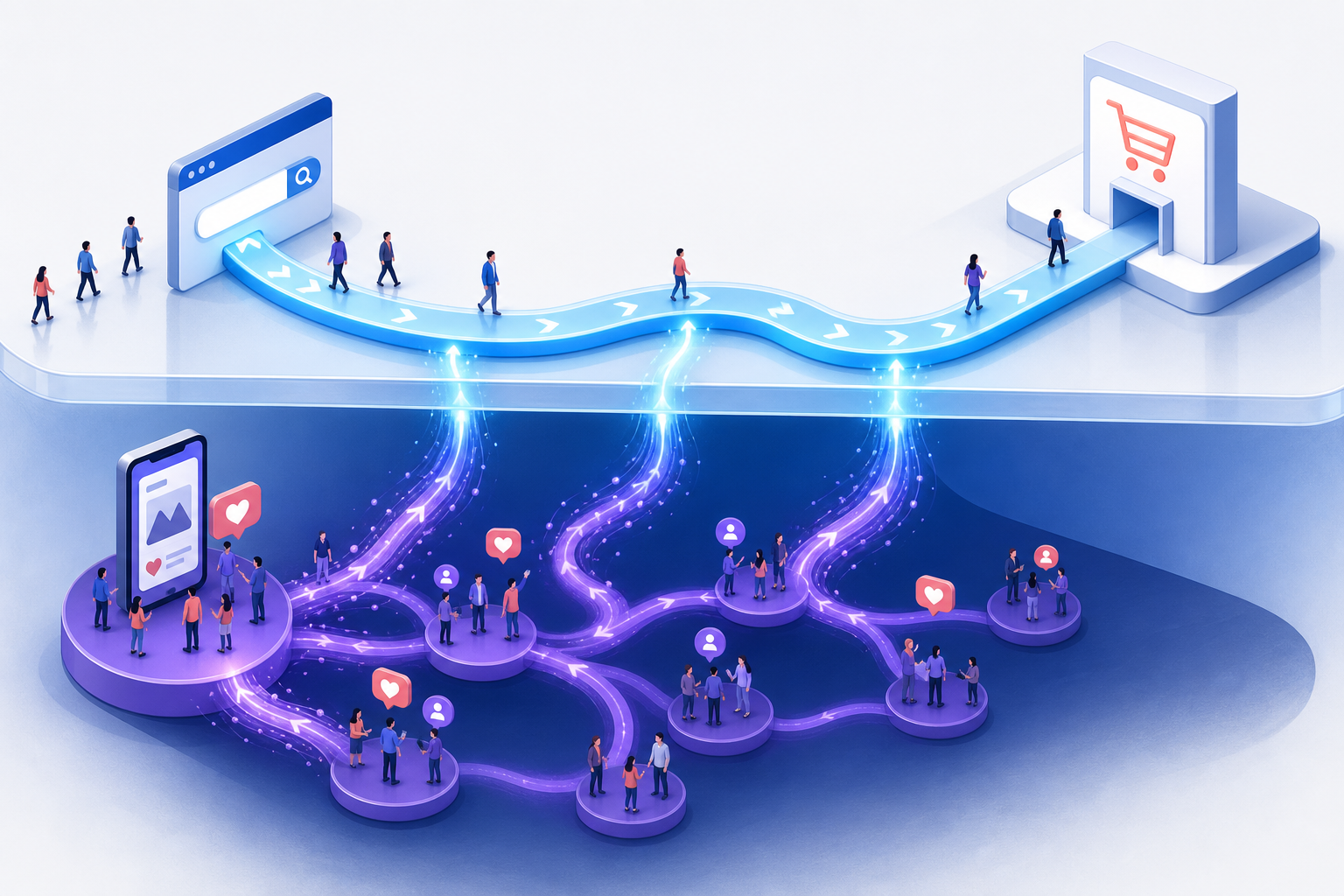 Cutaway illustration showing an apparent search path to purchase supported by a hidden stream of people arriving from social discovery.