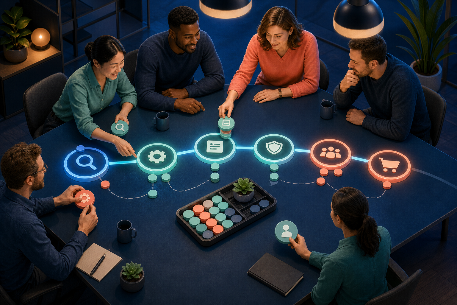 A client and agency team build a modular tabletop pathway with illuminated checkpoints connecting search activity to a conversion symbol.