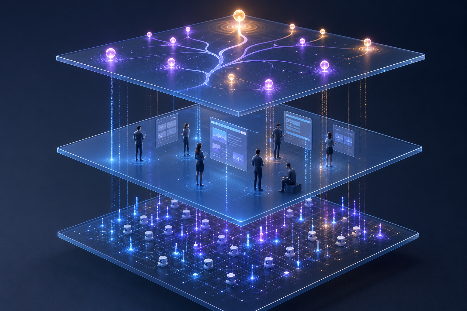 Three connected transparent layers depict automated requests, human engagement, and broader influence as separate forms of measurement.