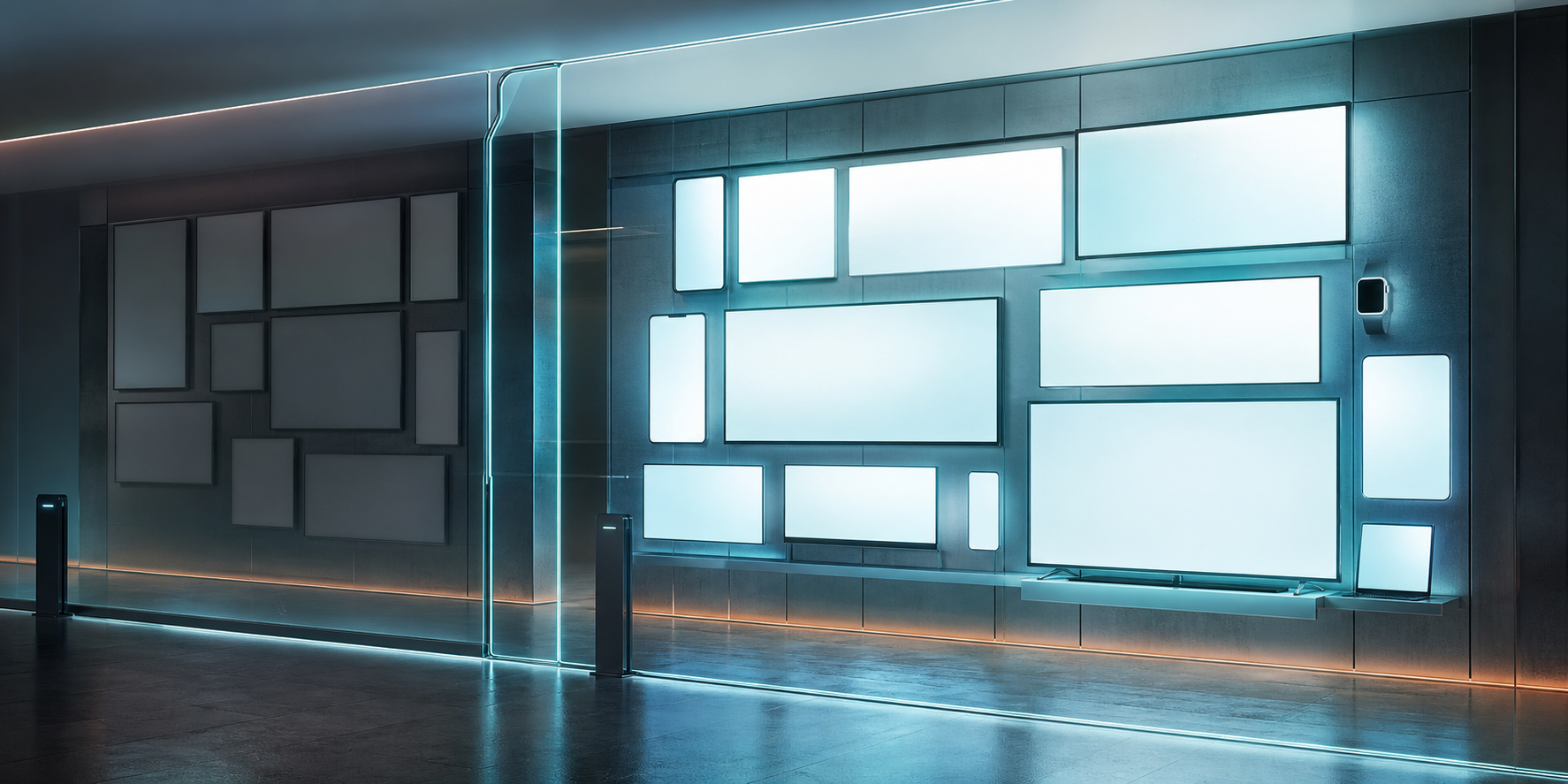 A translucent gate separates illuminated eligible ad placements from dim restricted display surfaces.