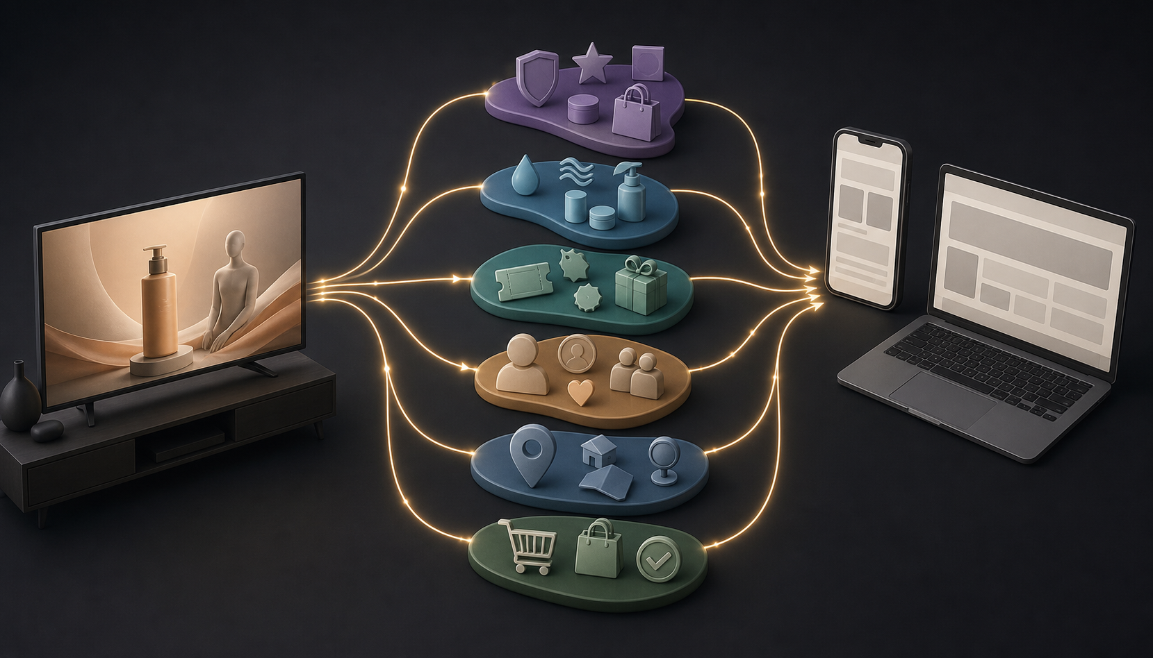 Visual pathways branch from a television commercial into symbol clusters representing several viewer intentions and then connect to generic search results.