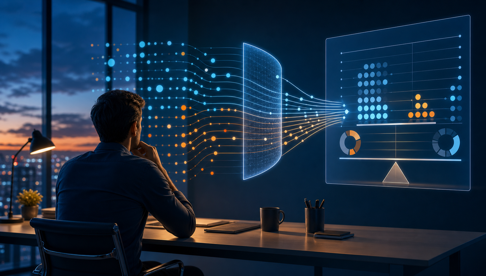 An analyst examines abstract campaign signals passing through a translucent compliance filter.