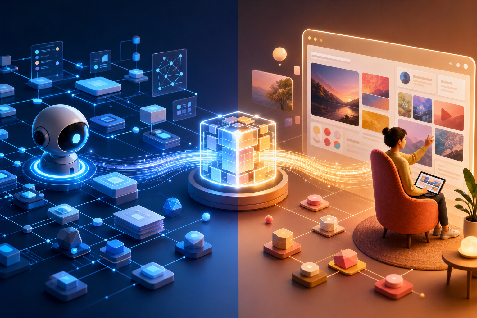 An abstract AI agent and a person access the same central web content through different structured and visual pathways.