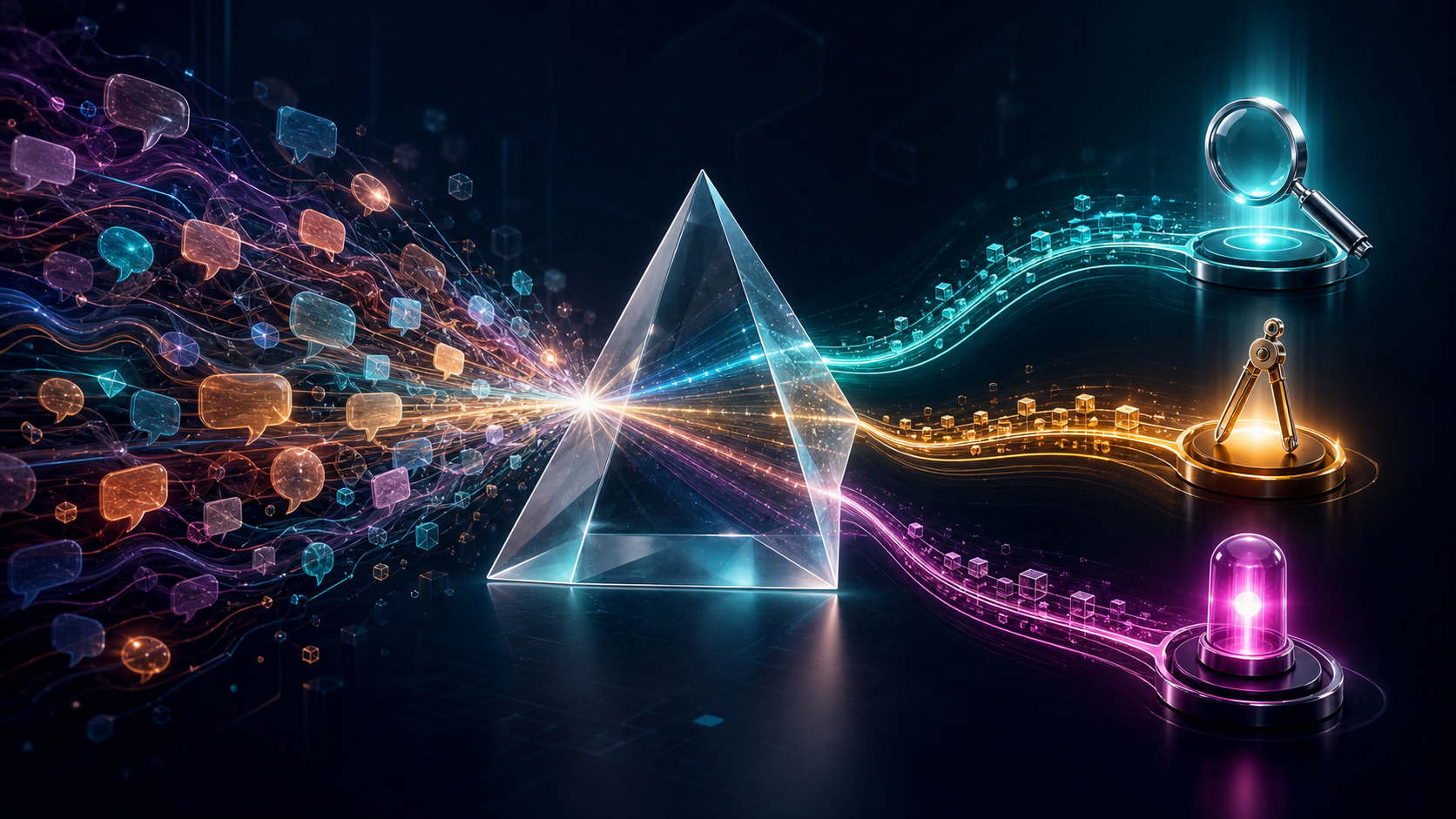 A translucent prism separates a stream of abstract conversation signals into illuminated paths leading to diagnosis, action, and verification symbols.