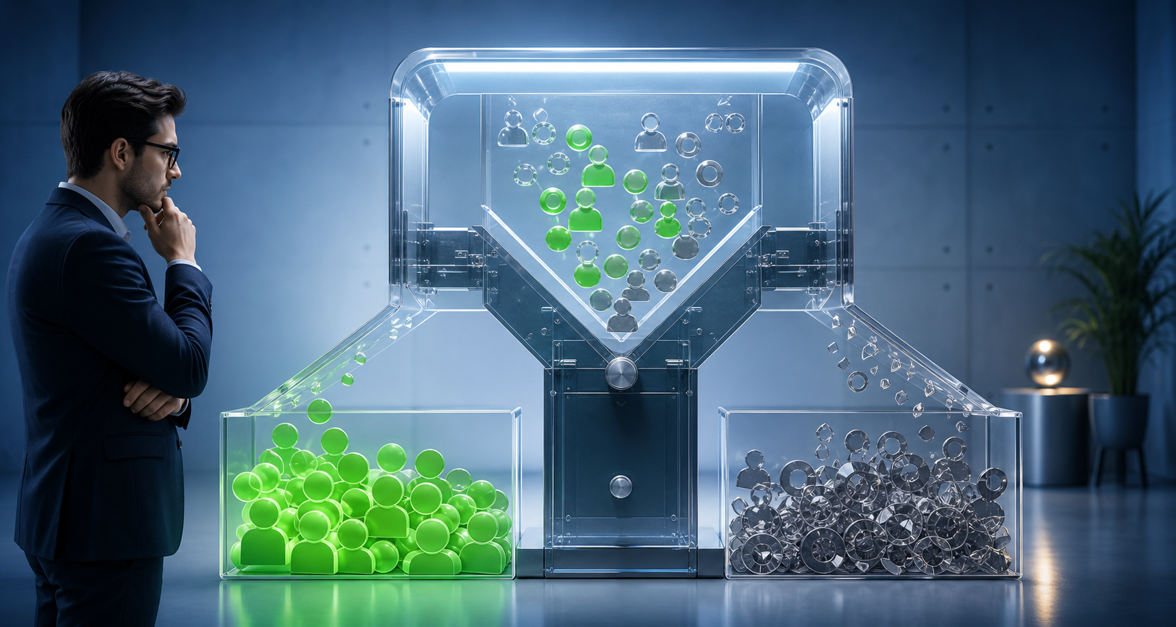 A translucent sorting system separates strong customer and purchase signals from weak click data while an analyst observes.