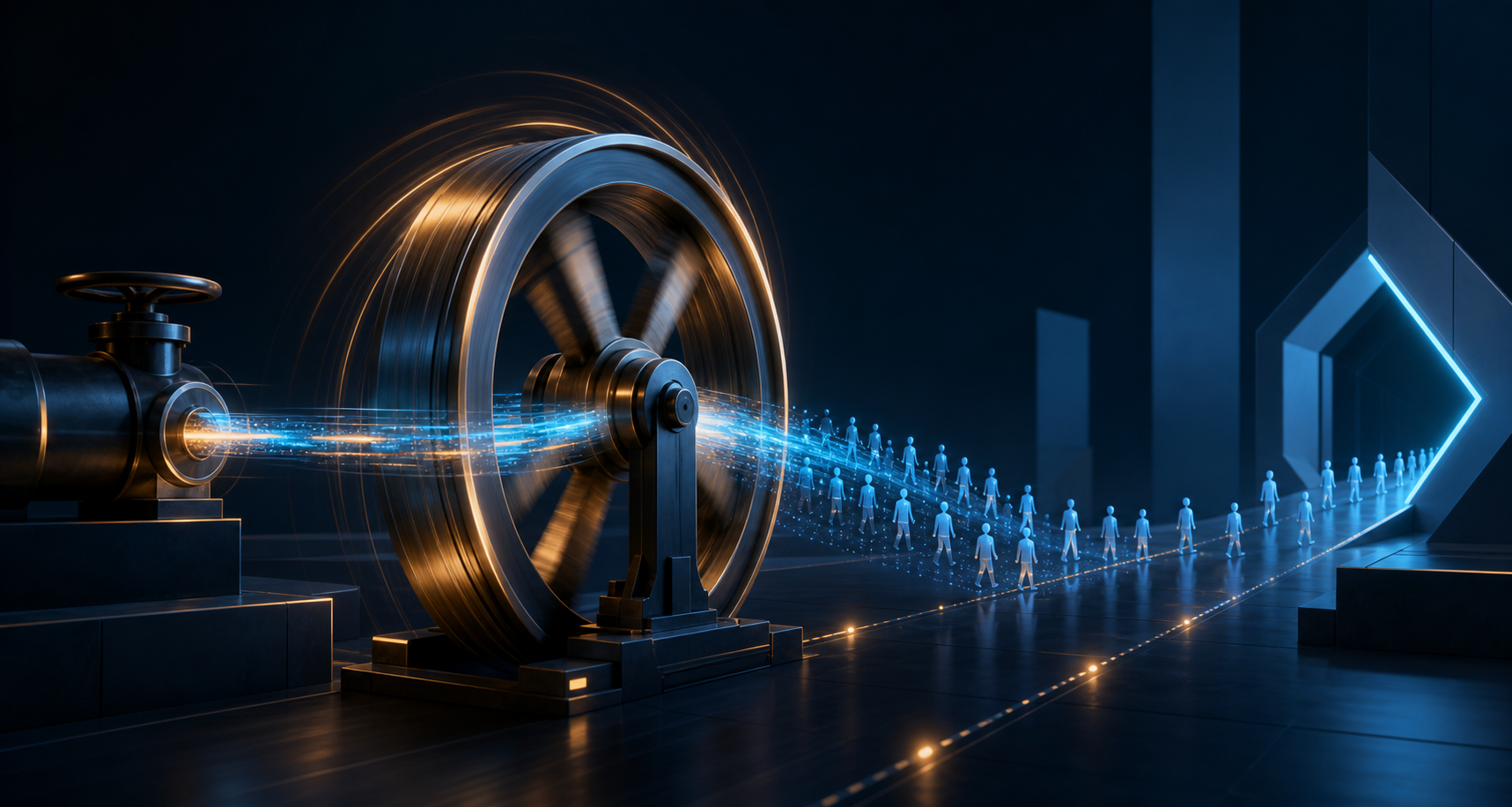 Illustration of a flywheel continuing to turn after its input is reduced while the downstream flow of customers gradually thins.
