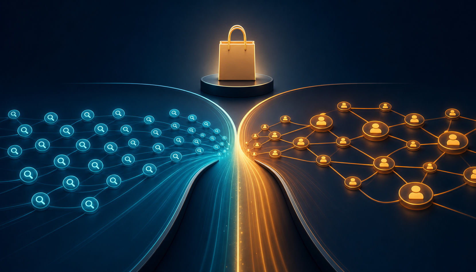 Two streams of search and partner-network symbols merge into one coordinated path leading to a purchase destination.