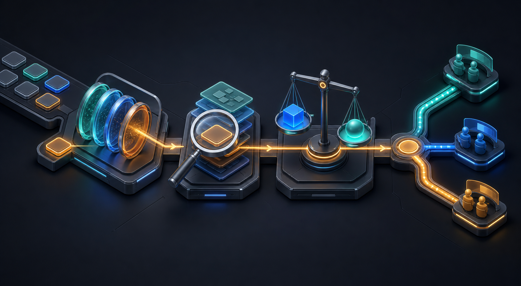 An isometric investigation workspace routes abstract AI response tiles through triage, evidence review, impact assessment, and team ownership stations.