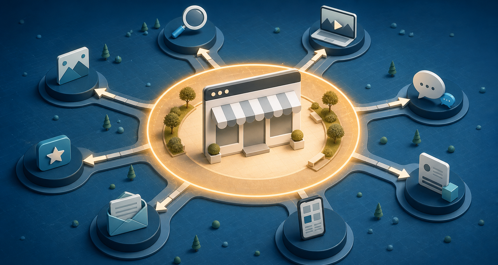 A central website sits inside a highlighted boundary while affiliate pathways operate outside it.