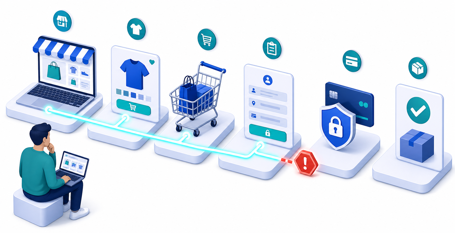 An isometric customer purchase journey shows working storefront and cart stages followed by an interrupted payment connection.