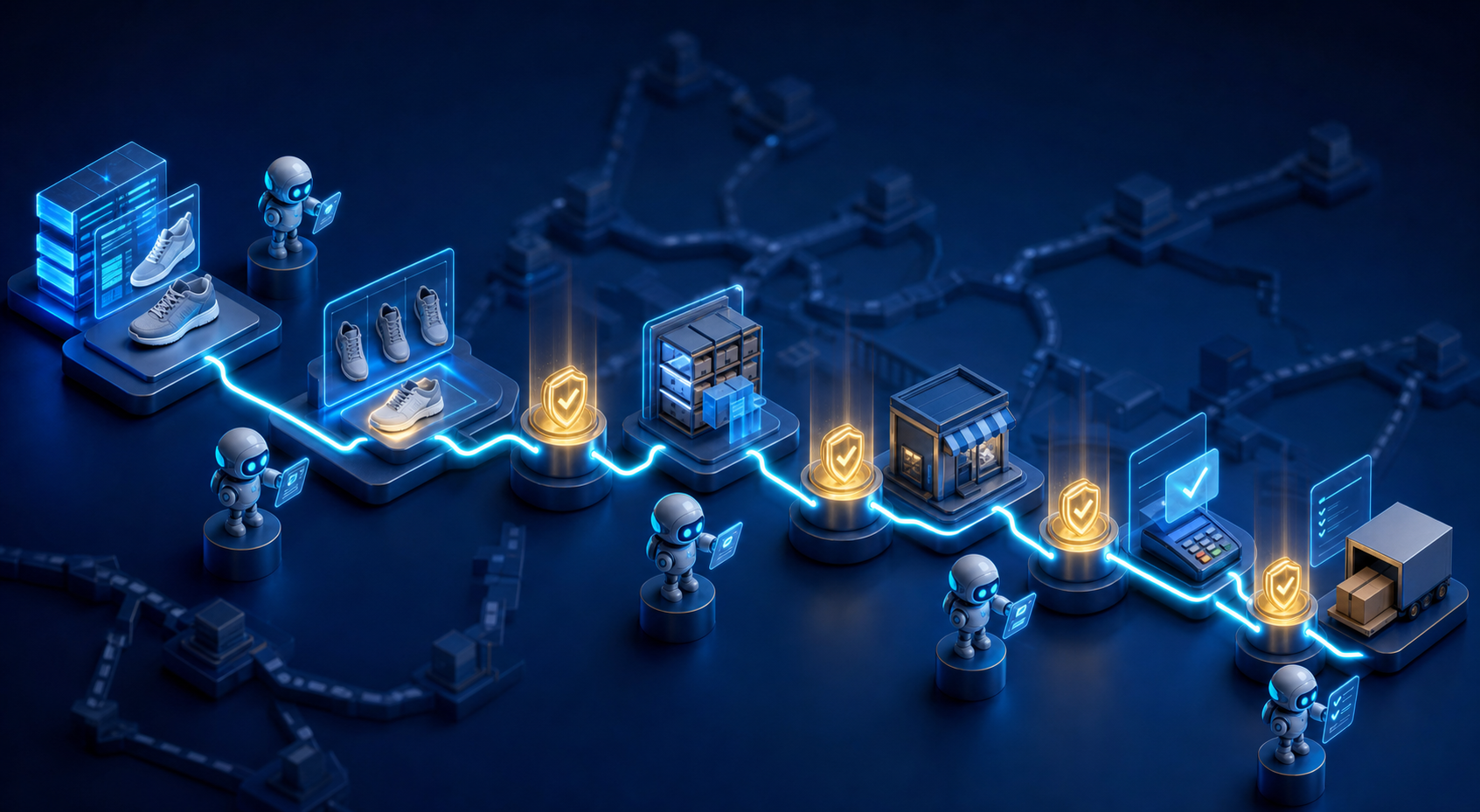 An unbranded product travels through connected verification, comparison, payment, and delivery checkpoints monitored by abstract AI agents.