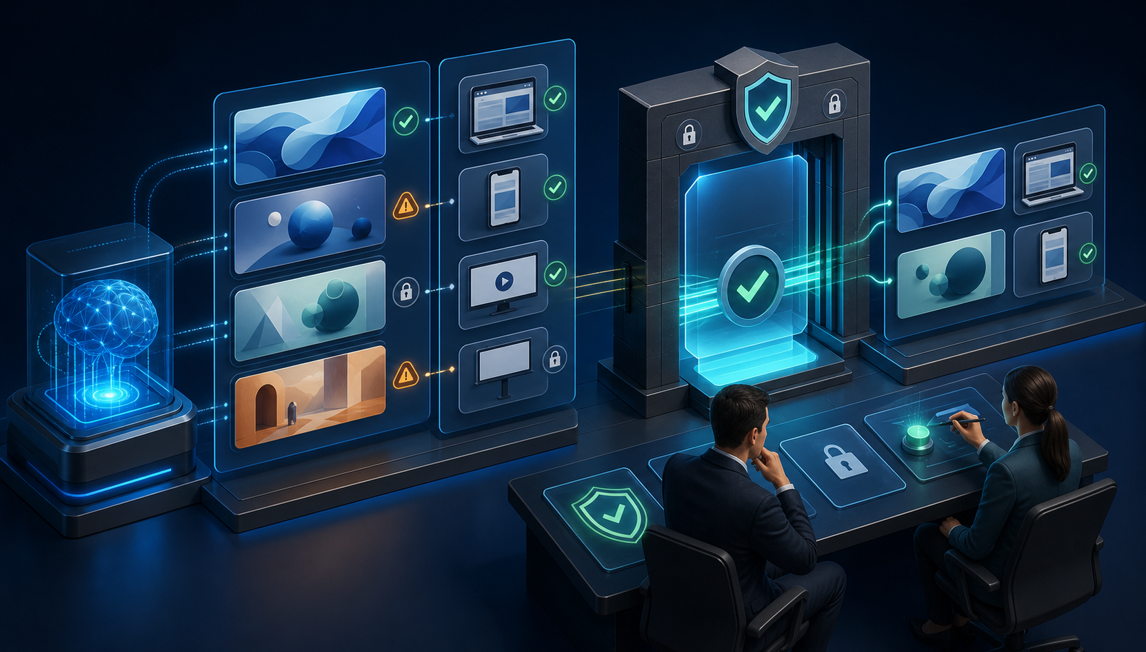 Two reviewers evaluate automated campaign recommendations at a digital approval checkpoint with security and verification symbols.