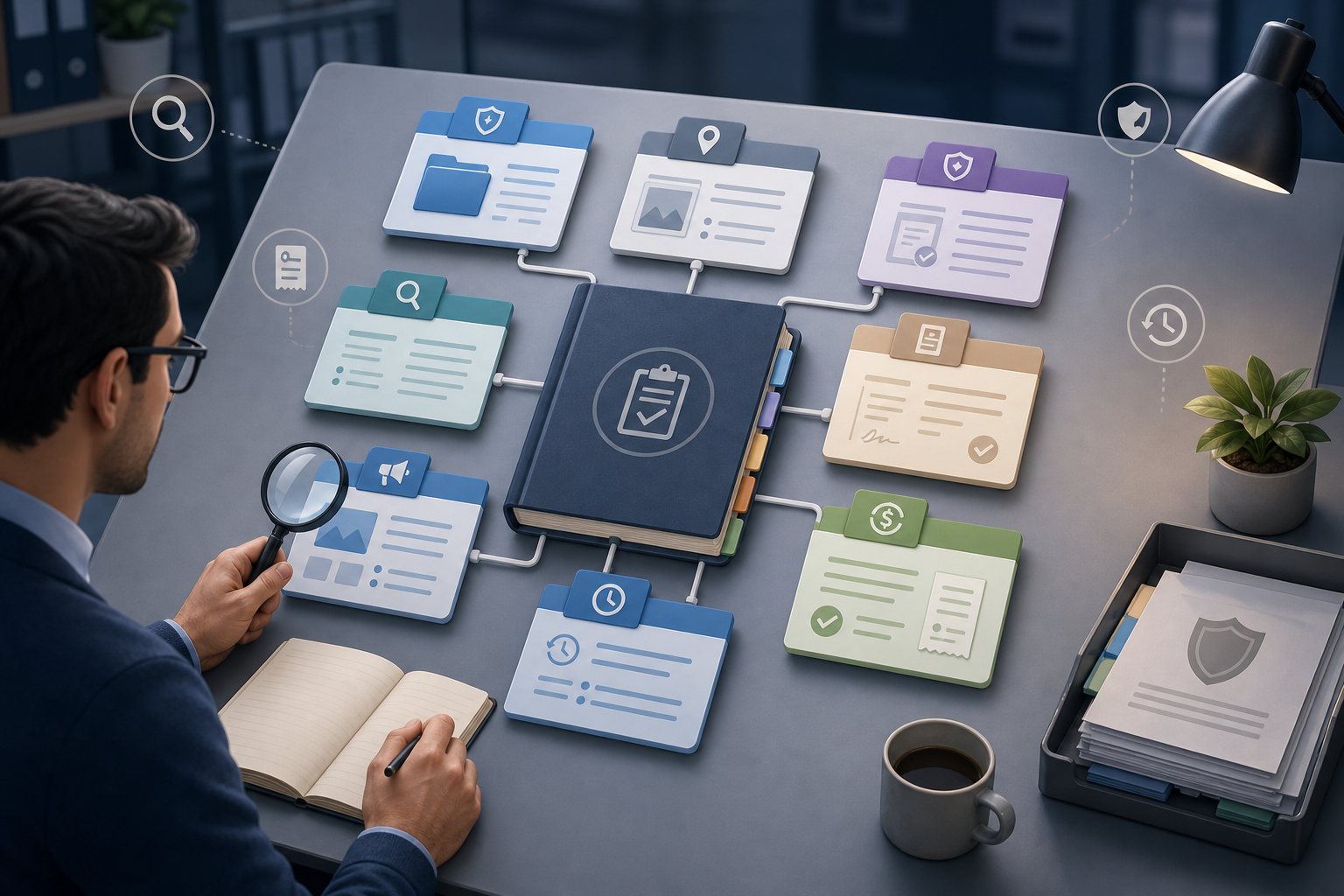 An analyst reviews a central audit ledger connected to organized policy, placement, approval, activity, and credit records.