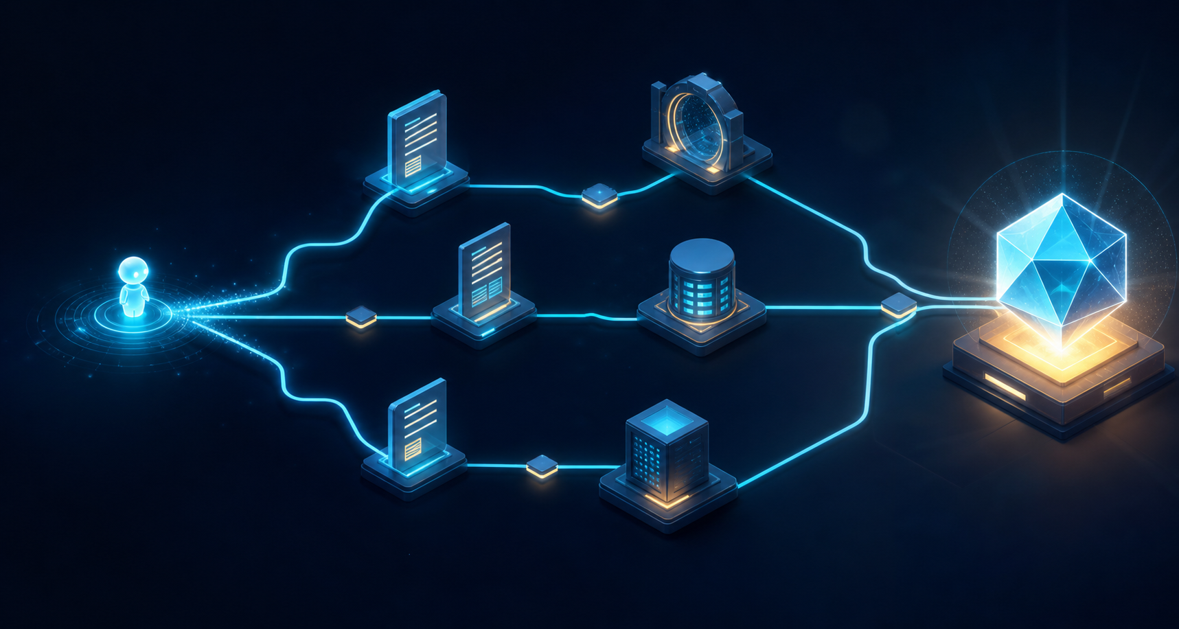 A luminous agent follows multiple branching paths through document nodes before reaching a verified result.