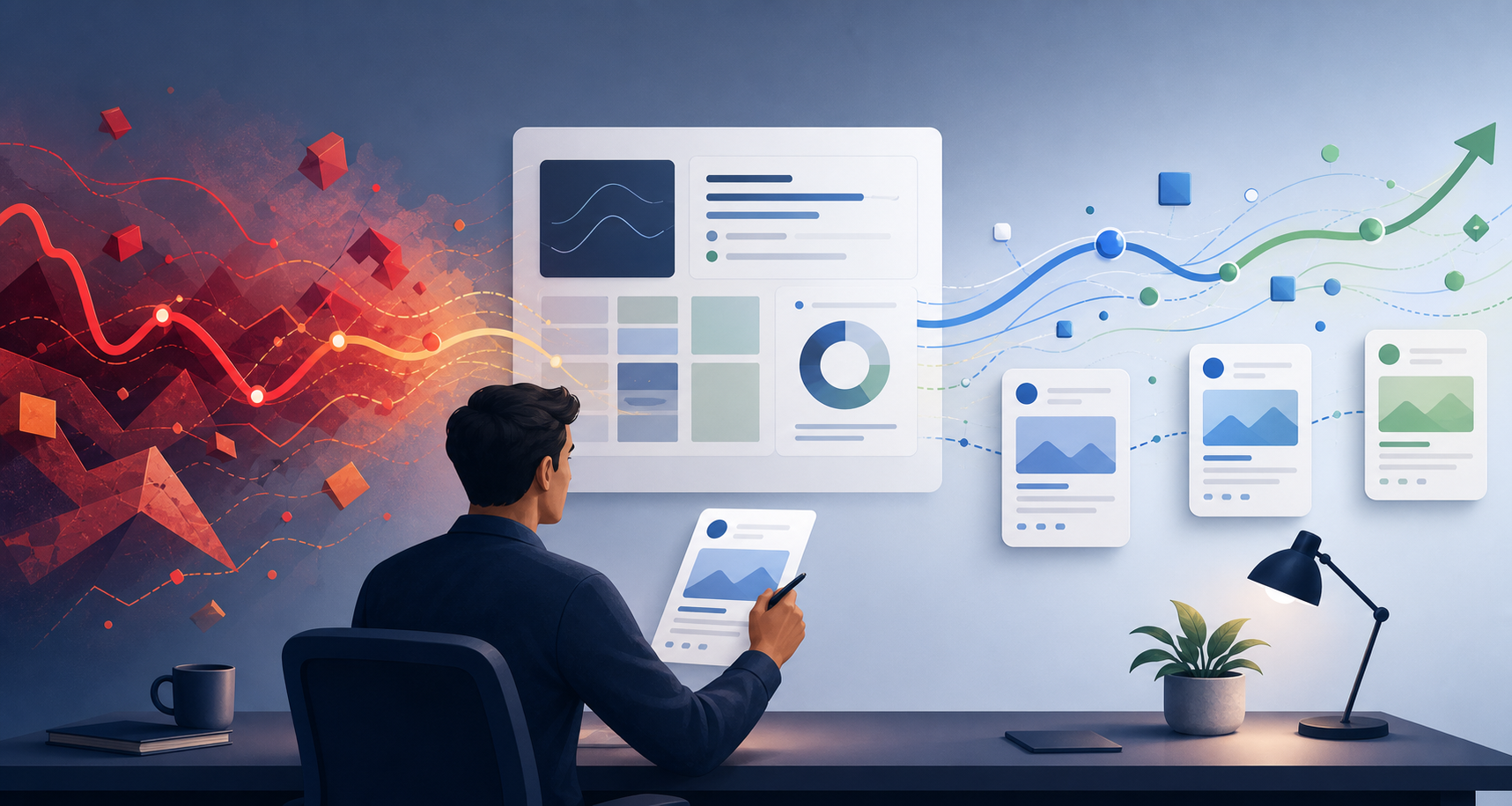 An analyst reviews abstract performance signals and individual webpage cards as chaotic shapes resolve into an orderly path.