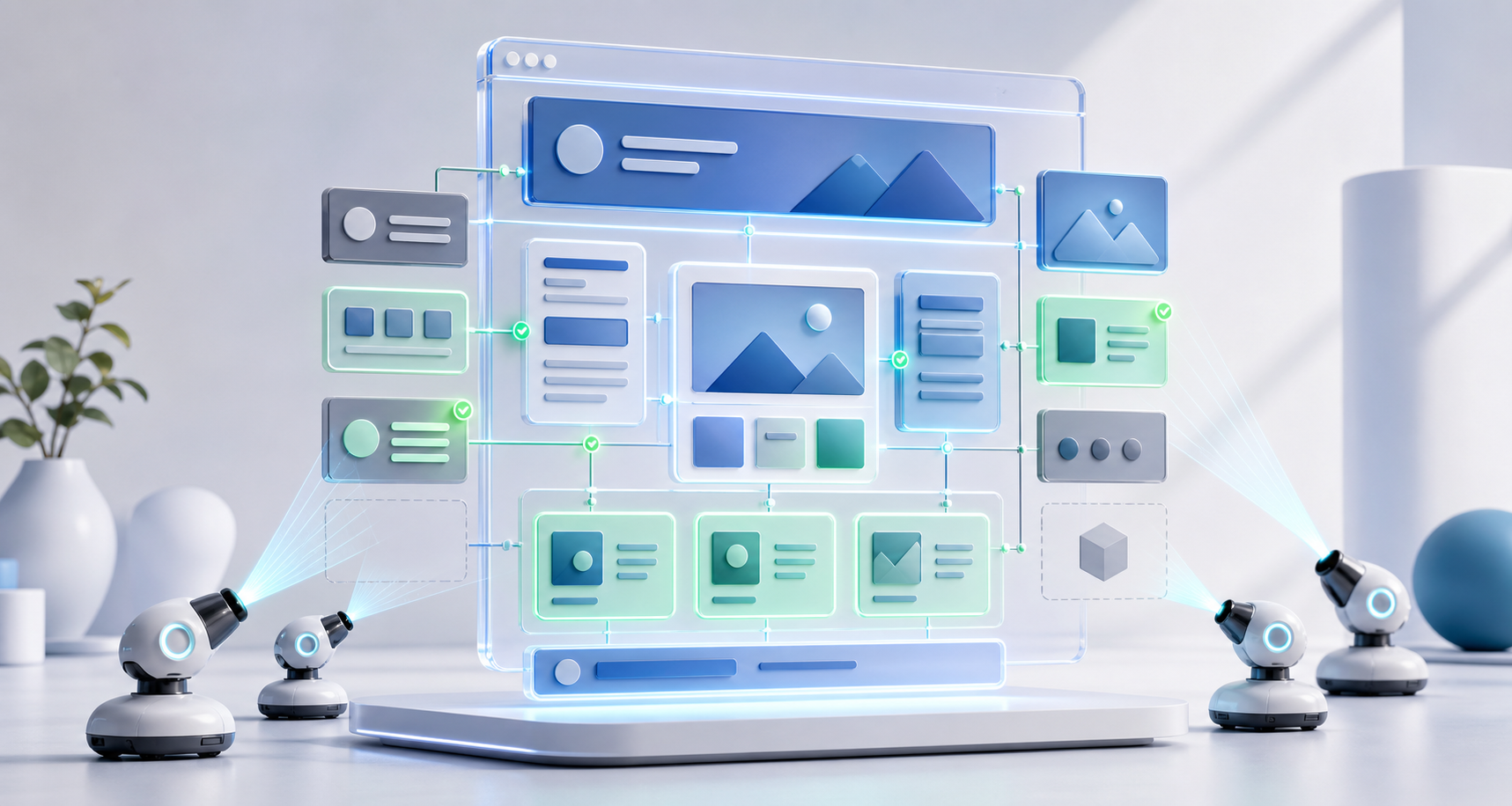 Scanning beams inspect a modular website structure, with accessible content blocks and connections glowing green.
