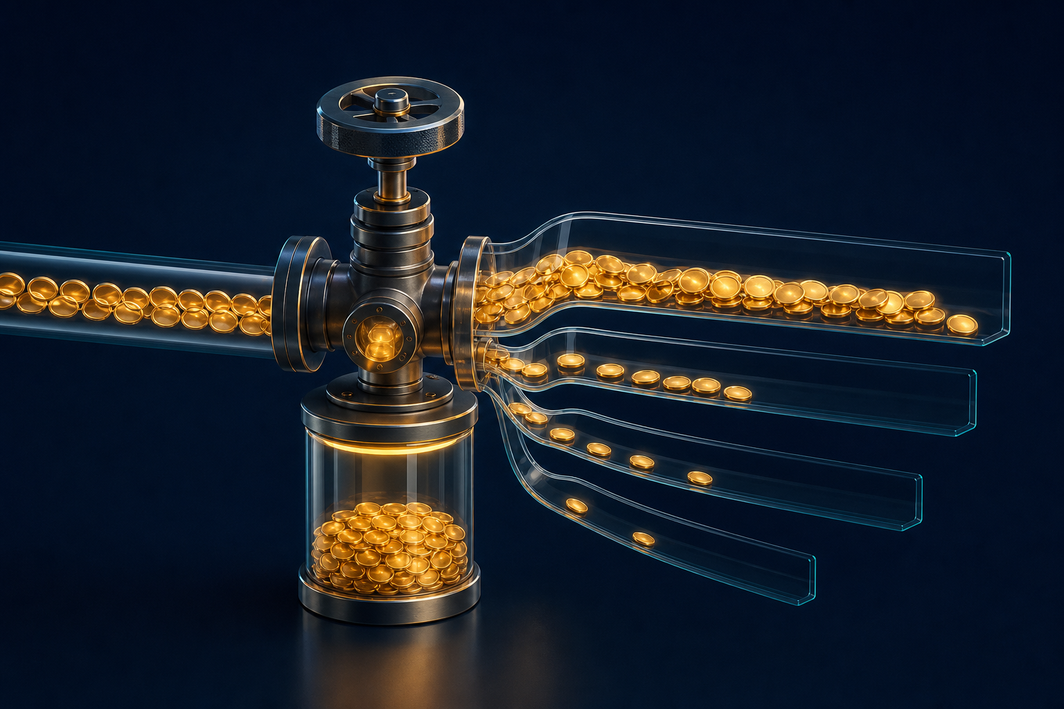 Gold tokens flow through a control valve into transparent campaign channels while additional tokens remain in reserve.
