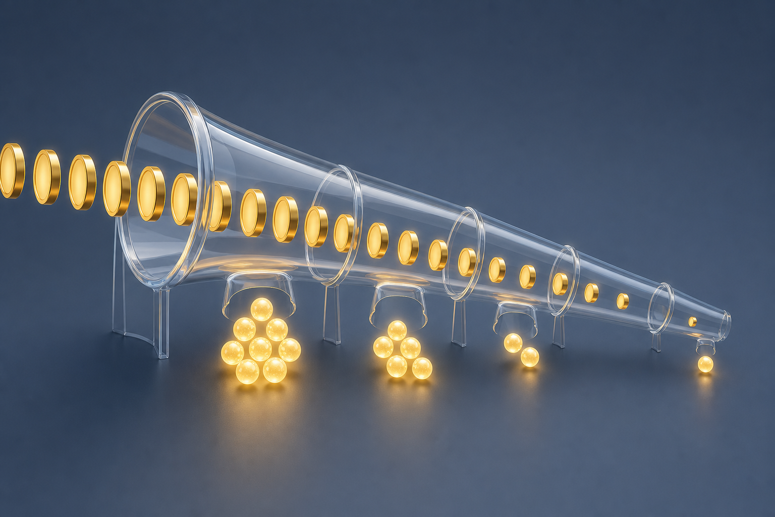 A curved transparent funnel converts successive gold tokens into progressively fewer glowing spheres.