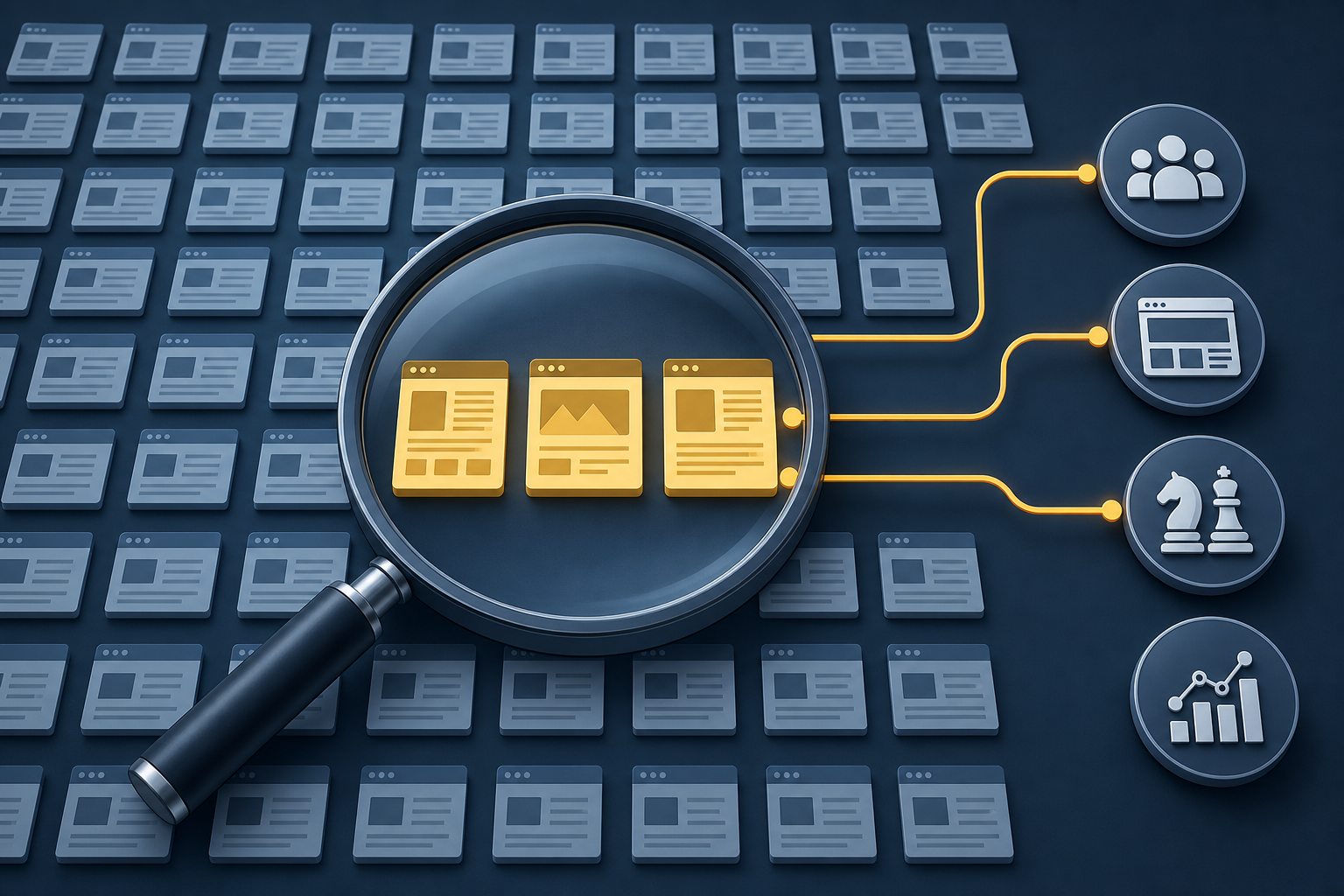 A magnifying glass isolates three webpage tiles connected to abstract signals for demand, competition, search layout, and measurement.