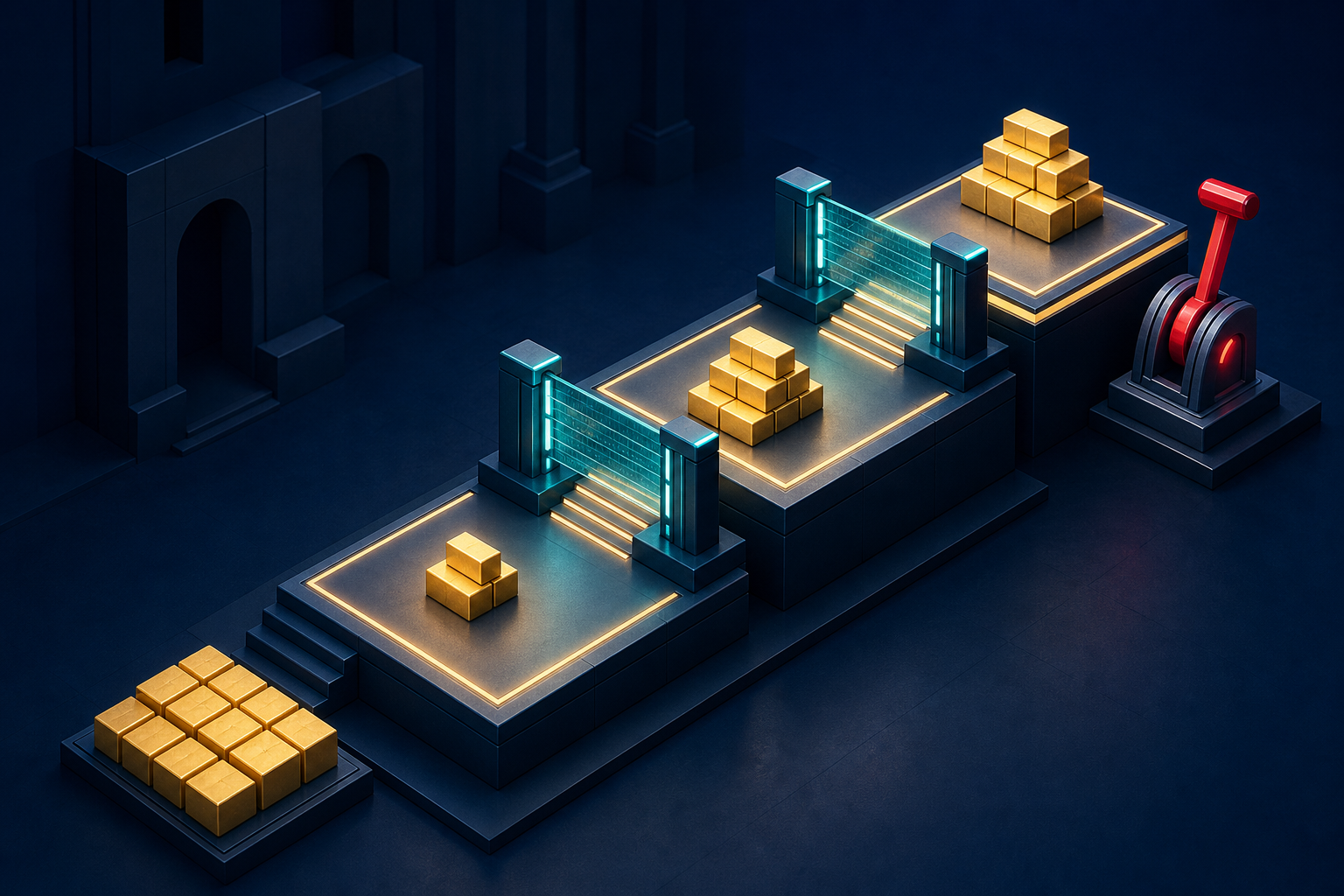 Gold budget blocks move up three platforms with checkpoint gates, while a stop lever and reserve blocks sit nearby.